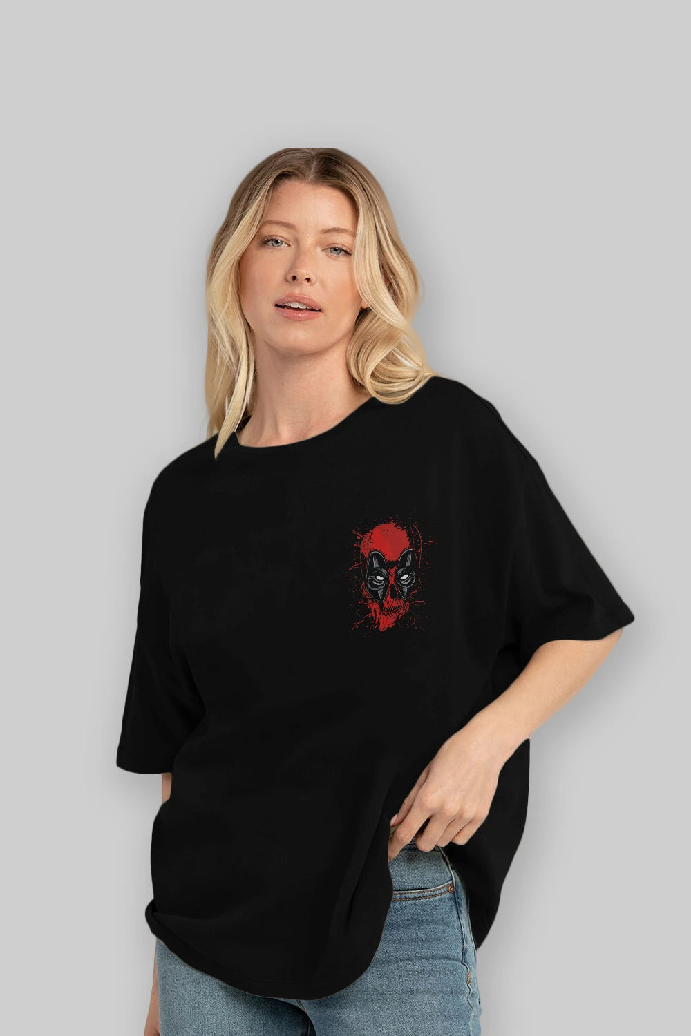 Deadpool (3) Ön Sol Baskılı Oversize t-shirt Erkek Kadın Unisex %100 Pamuk Bisiklet Yaka tişort
