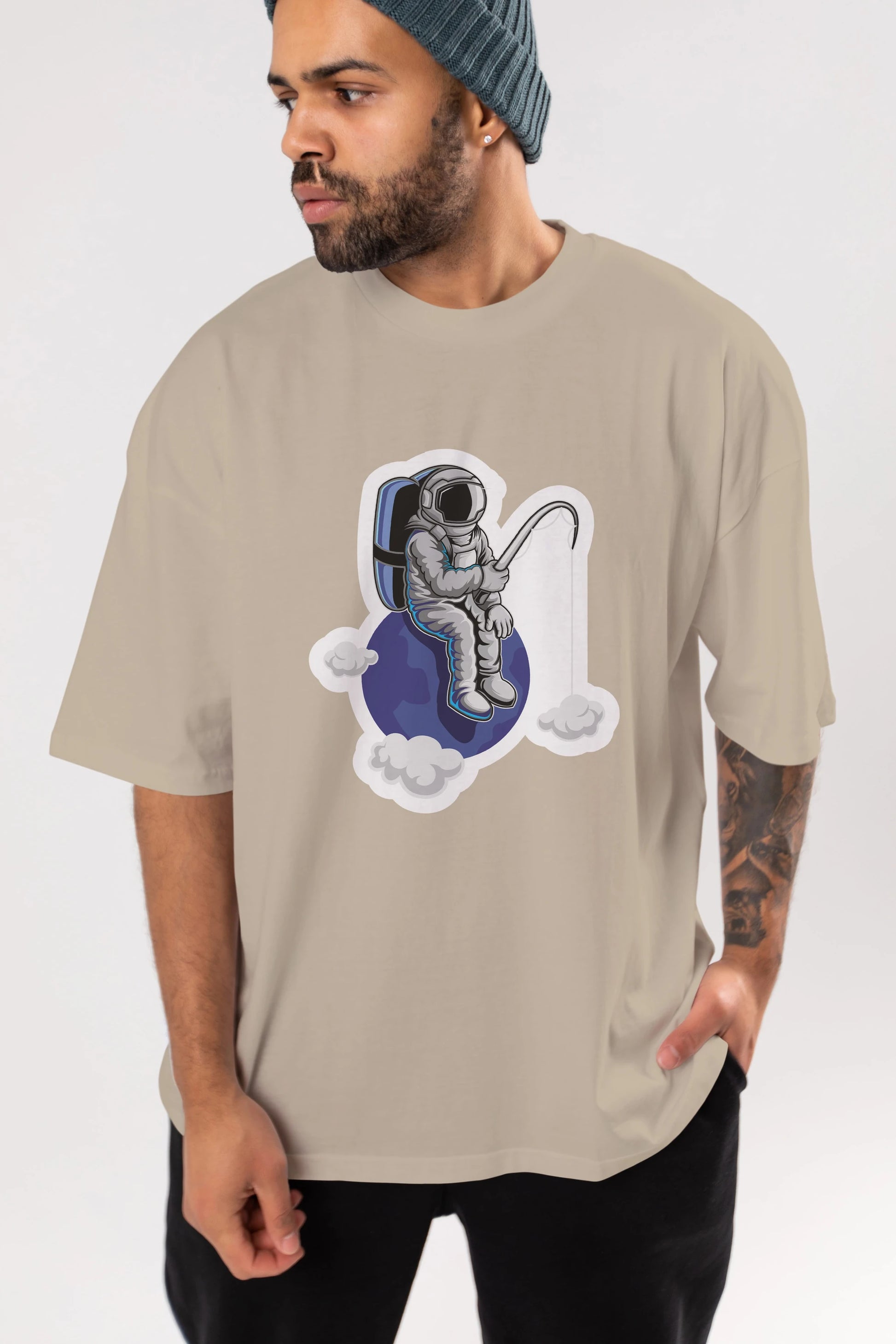 Astronaut Fishing Sticker Ön Baskılı Oversize t-shirt Erkek Kadın Unisex