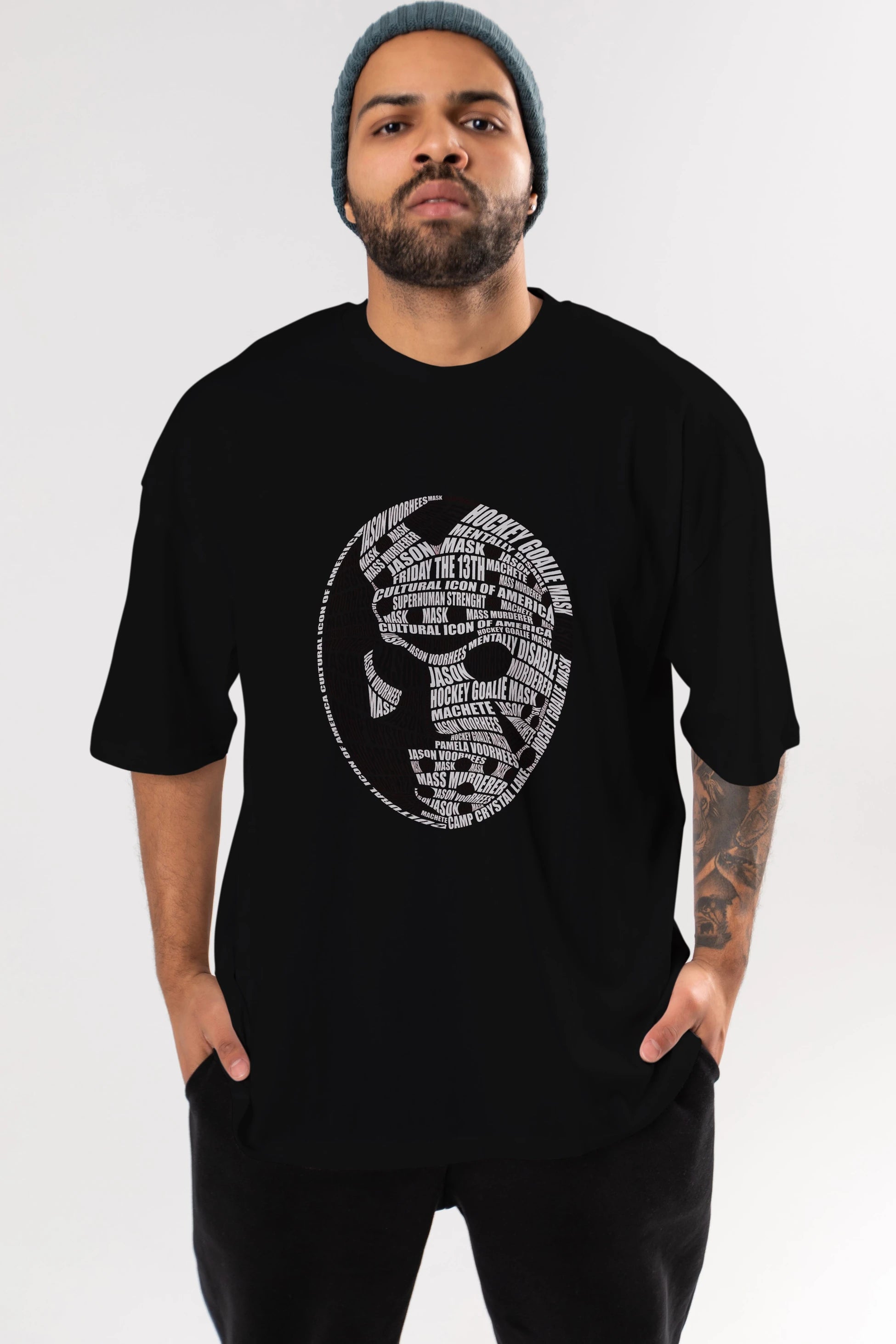 Jason Voorhees Calligram Ön Baskılı Oversize t-shirt %100 pamuk Erkek Kadın Unisex