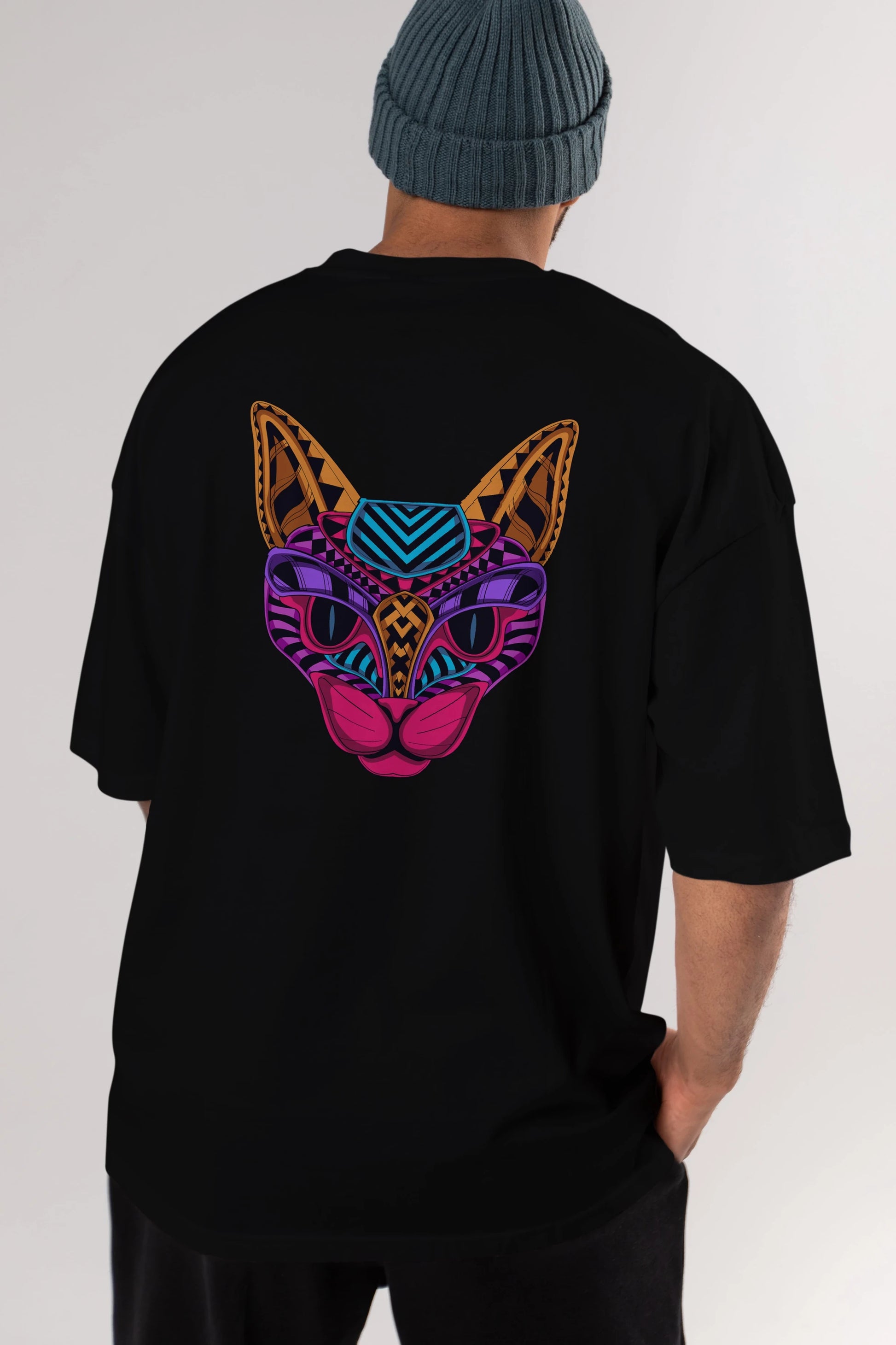 Black Neon Cat Arka Baskılı Oversize t-shirt Erkek Kadın Unisex