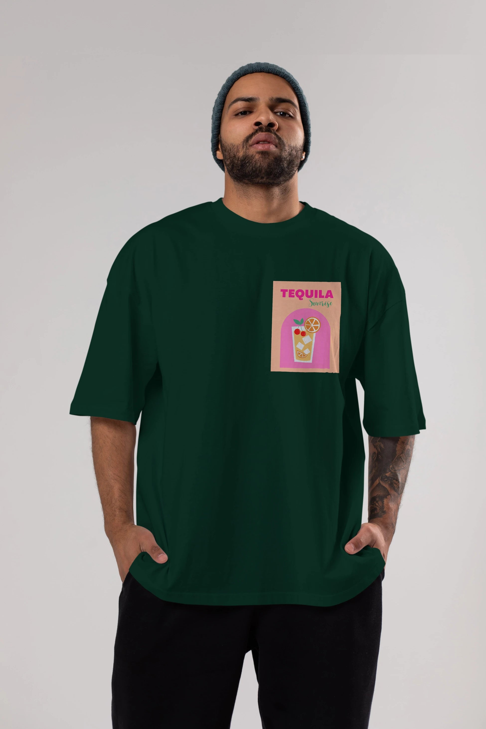 Tequila Sunrise 2 Ön Sol Baskılı Oversize t-shirt Erkek Kadın Unisex %100 Pamuk Bisiklet Yaka tişort