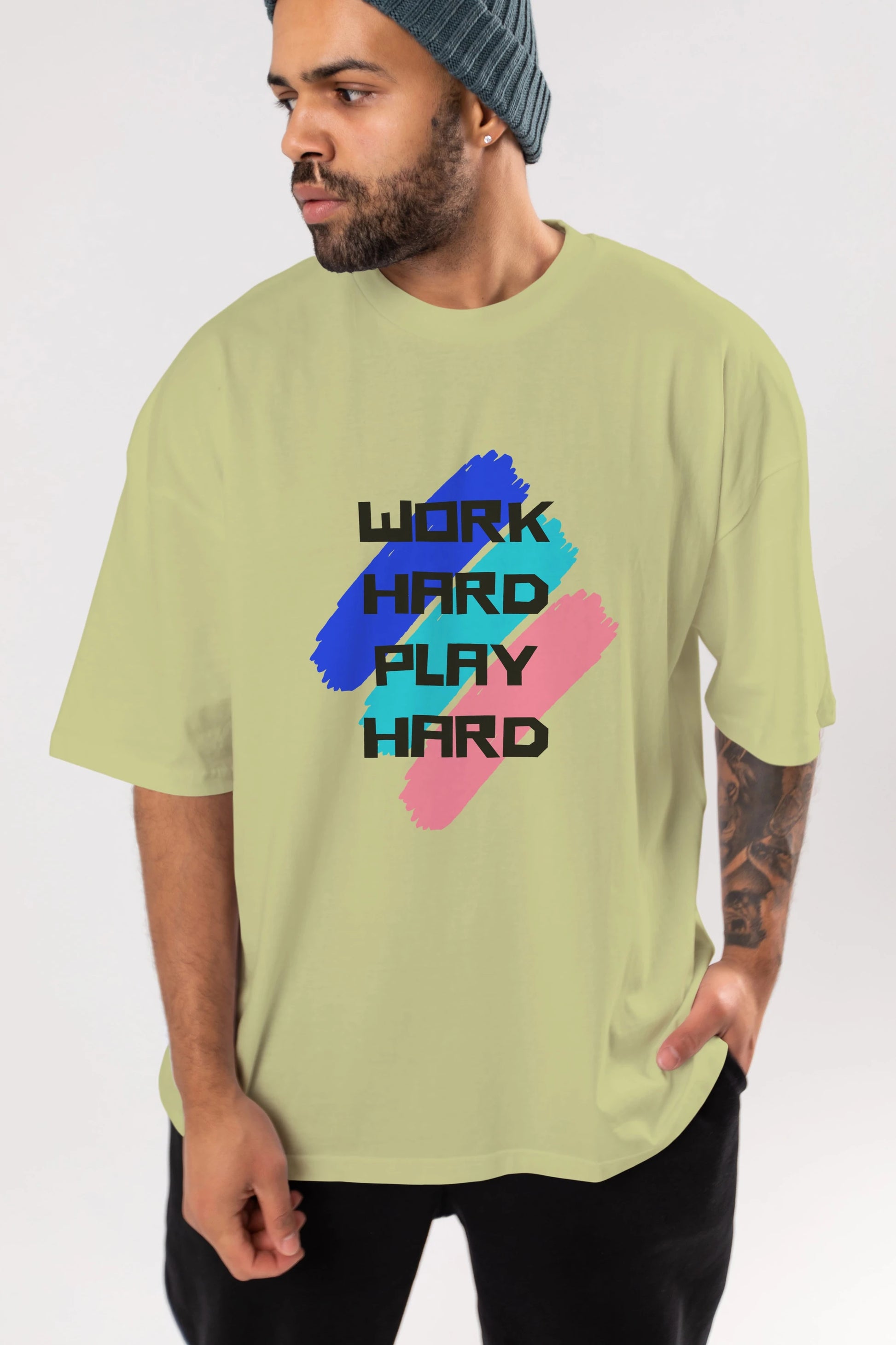 Work Hard Play Hard 2 Ön Baskılı Oversize t-shirt Erkek Kadın Unisex