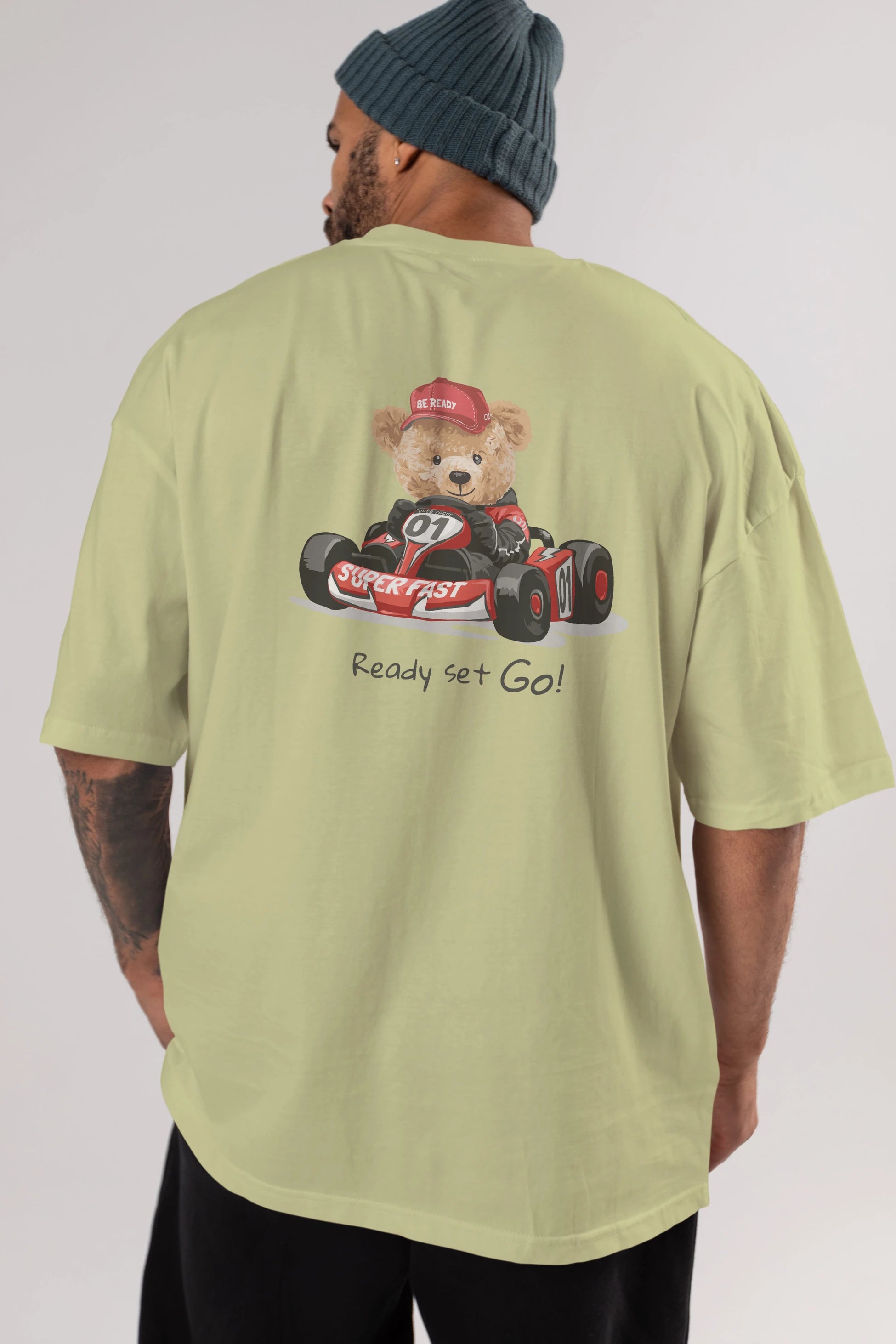 Teddy Bear Ready Set Go Arka Baskılı Oversize t-shirt Erkek Kadın Unisex %100 Pamuk
