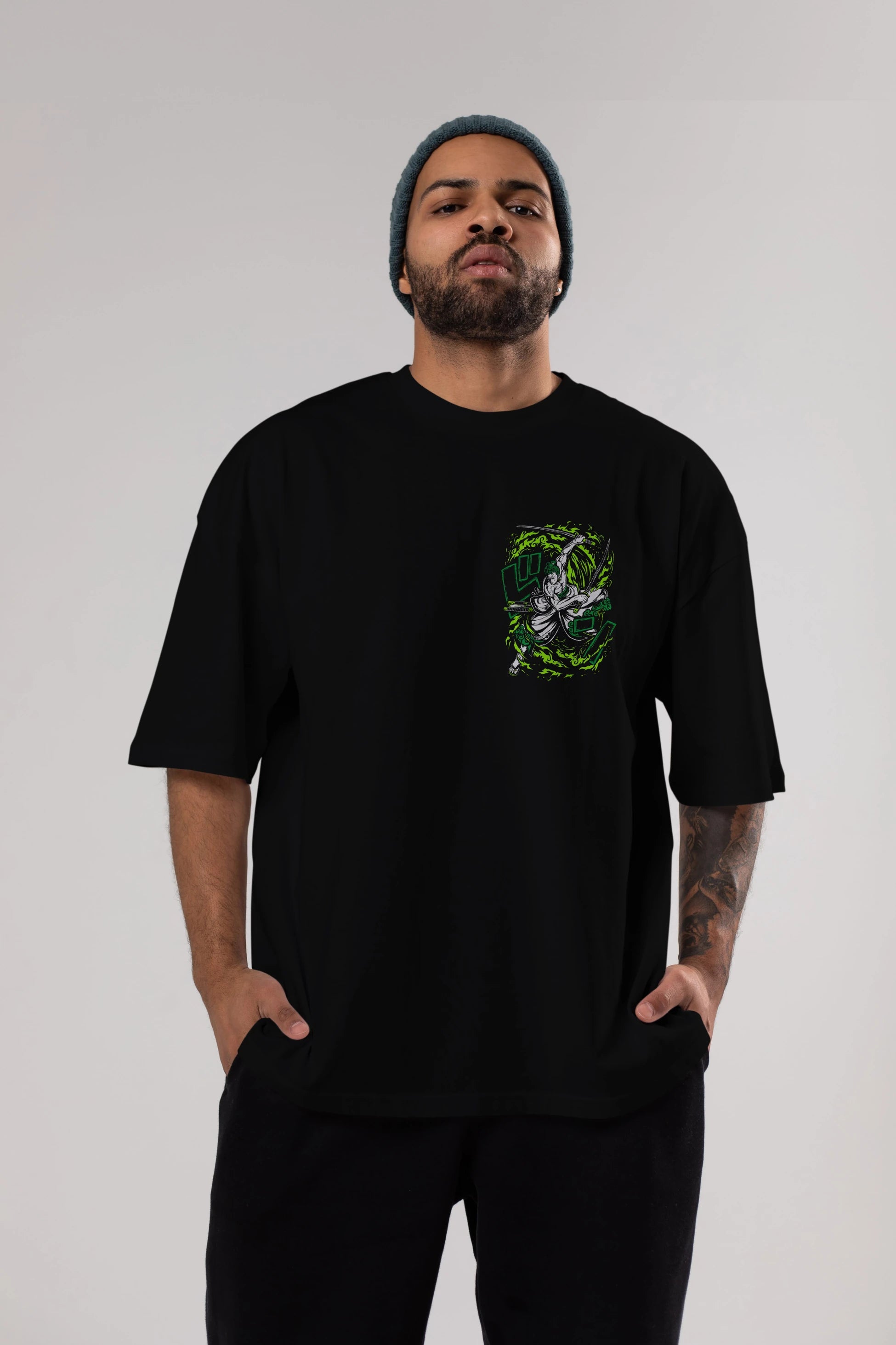ZORO-ONE PIECE (2) Ön Sol Baskılı Oversize t-shirt Erkek Kadın Unisex %100 Pamuk Bisiklet Yaka tişort