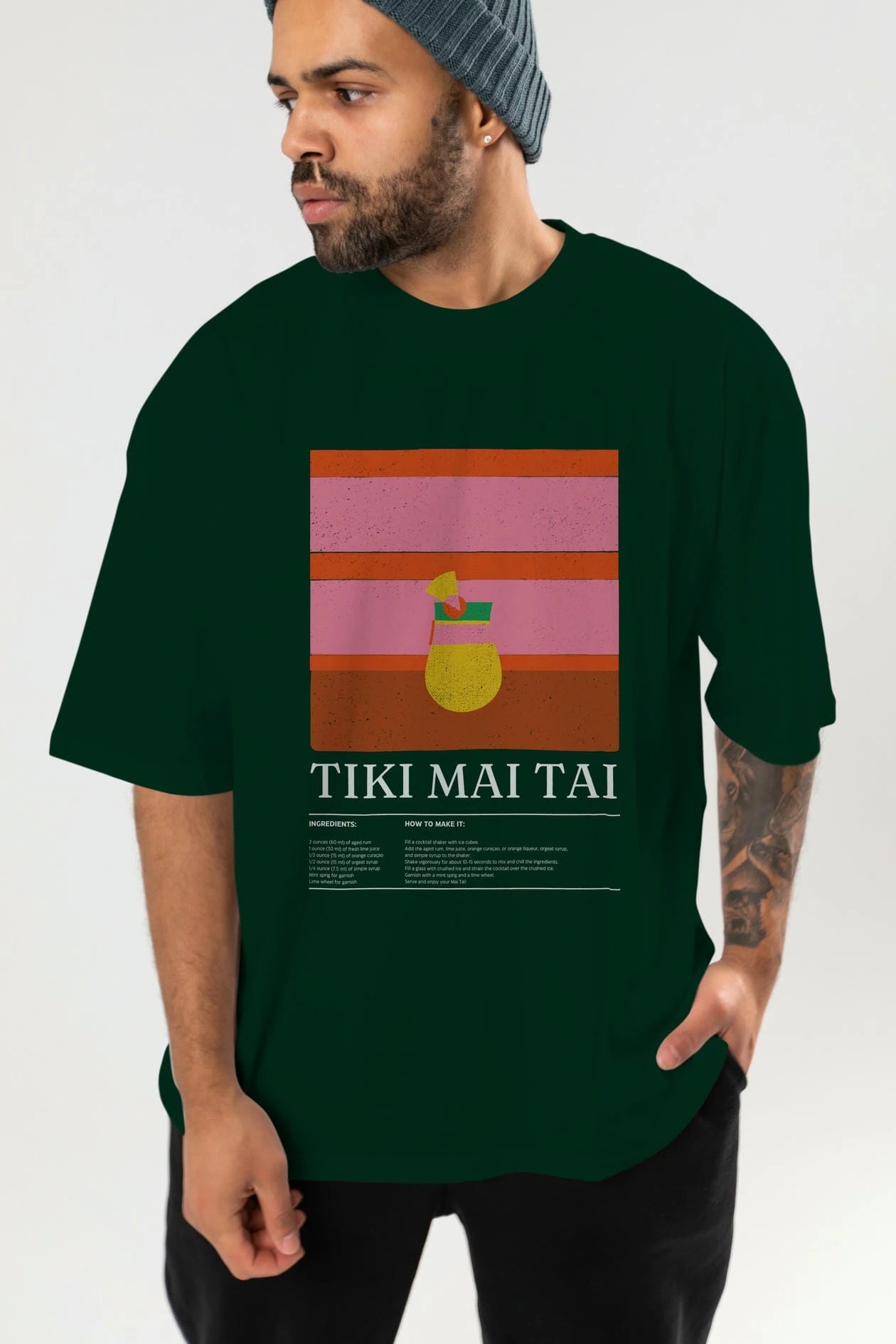 Tiki Mai Tai Kokteyl Ön Baskılı Oversize t-shirt Erkek Kadın %100 Pamuk Bisiklet Yaka tişort