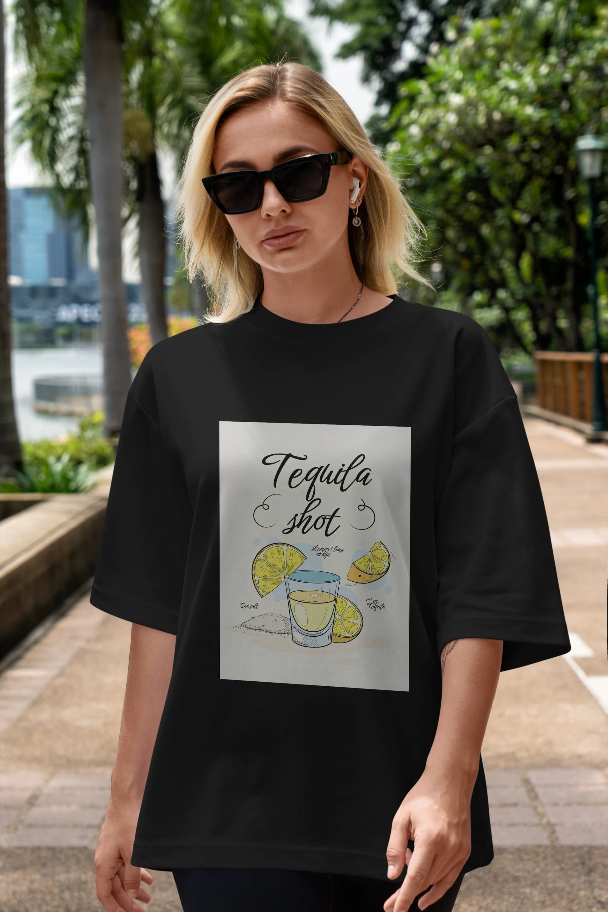 Tequila Shot Ön Baskılı Oversize t-shirt Erkek Kadın Unisex %100 Pamuk Bisiklet Yaka tişort
