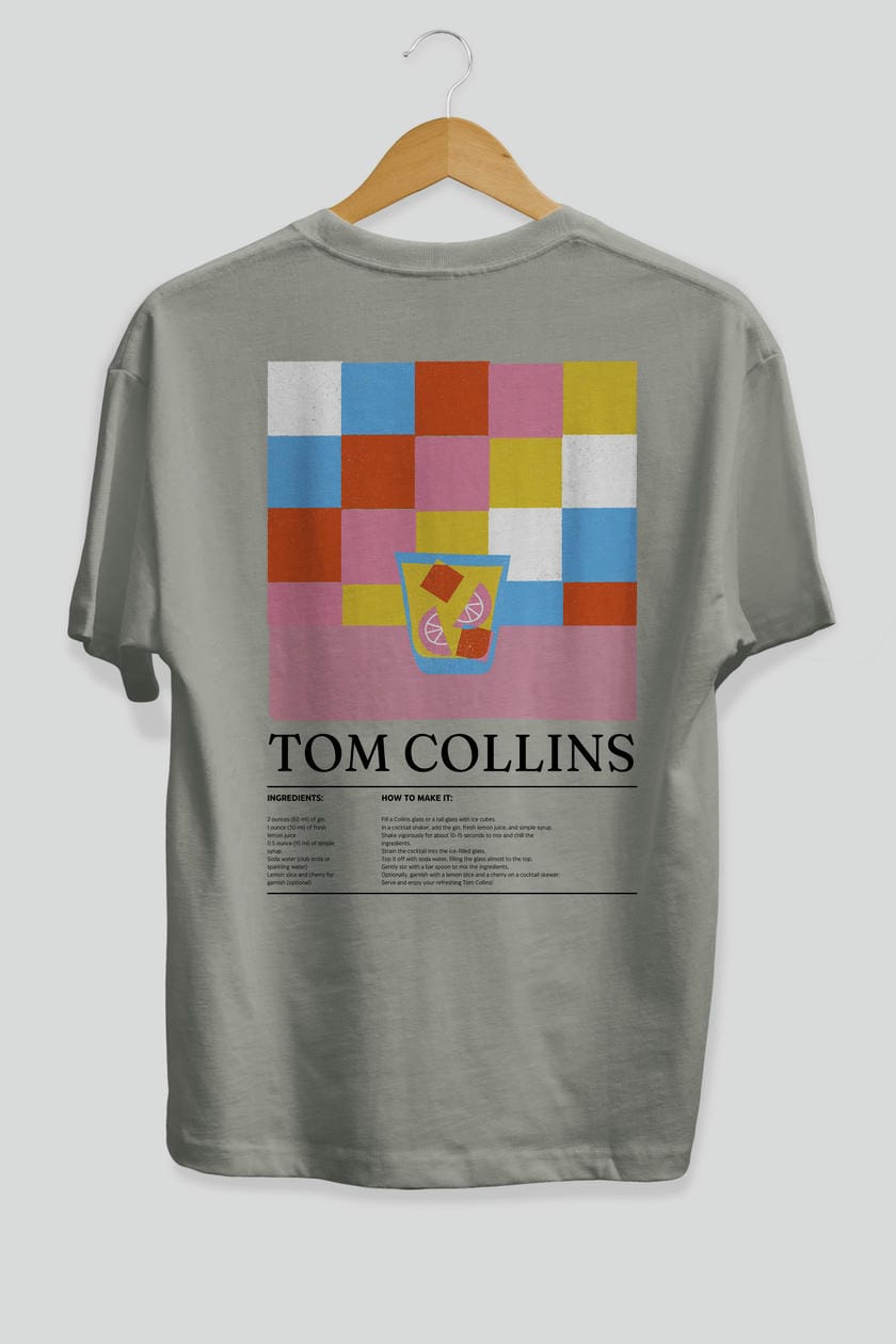 Tom Collins Kokteyl Serisi Arka Baskılı Oversize t-shirt Erkek Kadın %100 Pamuk Bisiklet Yaka tişort