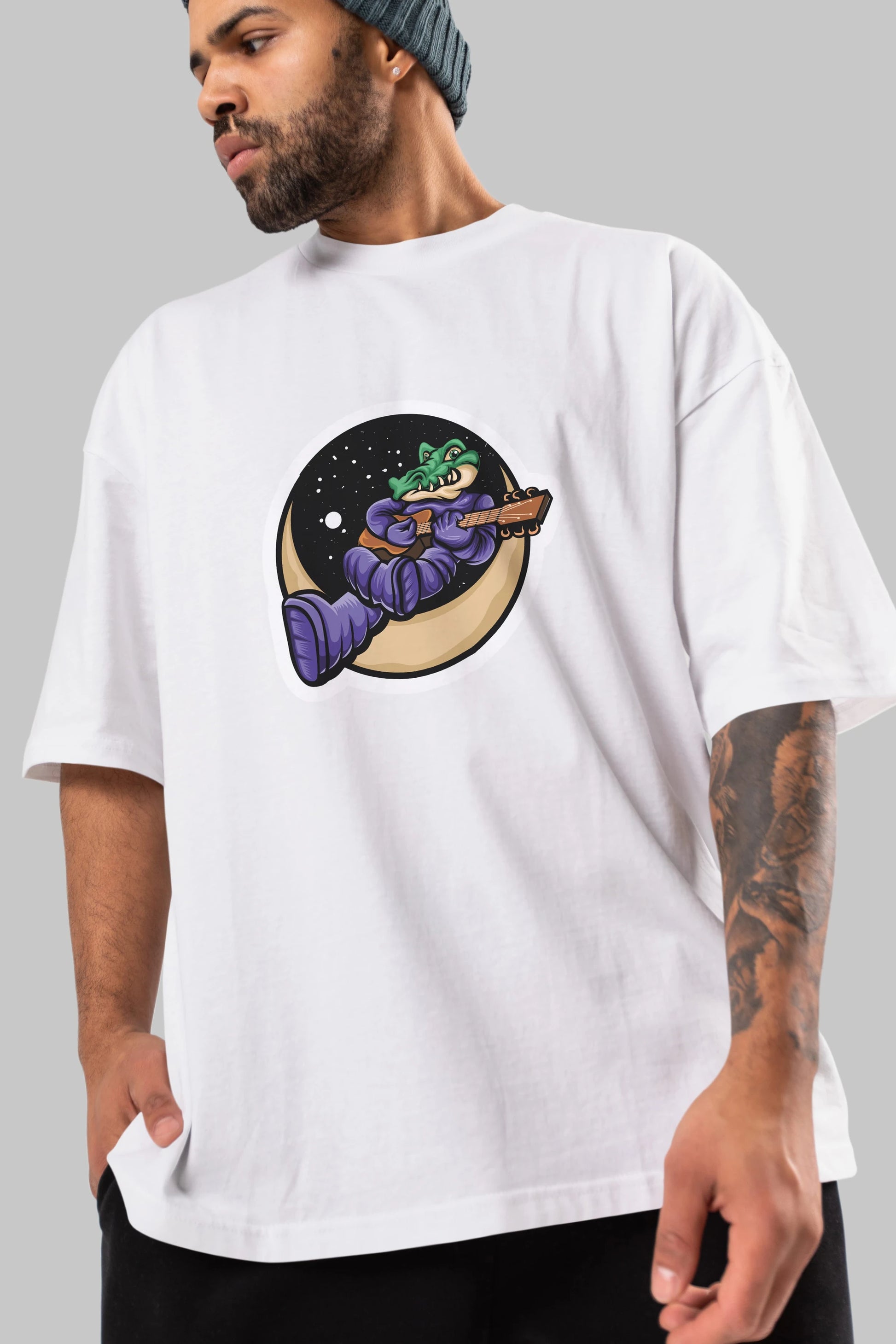 Space Crocodile Sticker Ön Baskılı Oversize t-shirt Erkek Kadın Unisex