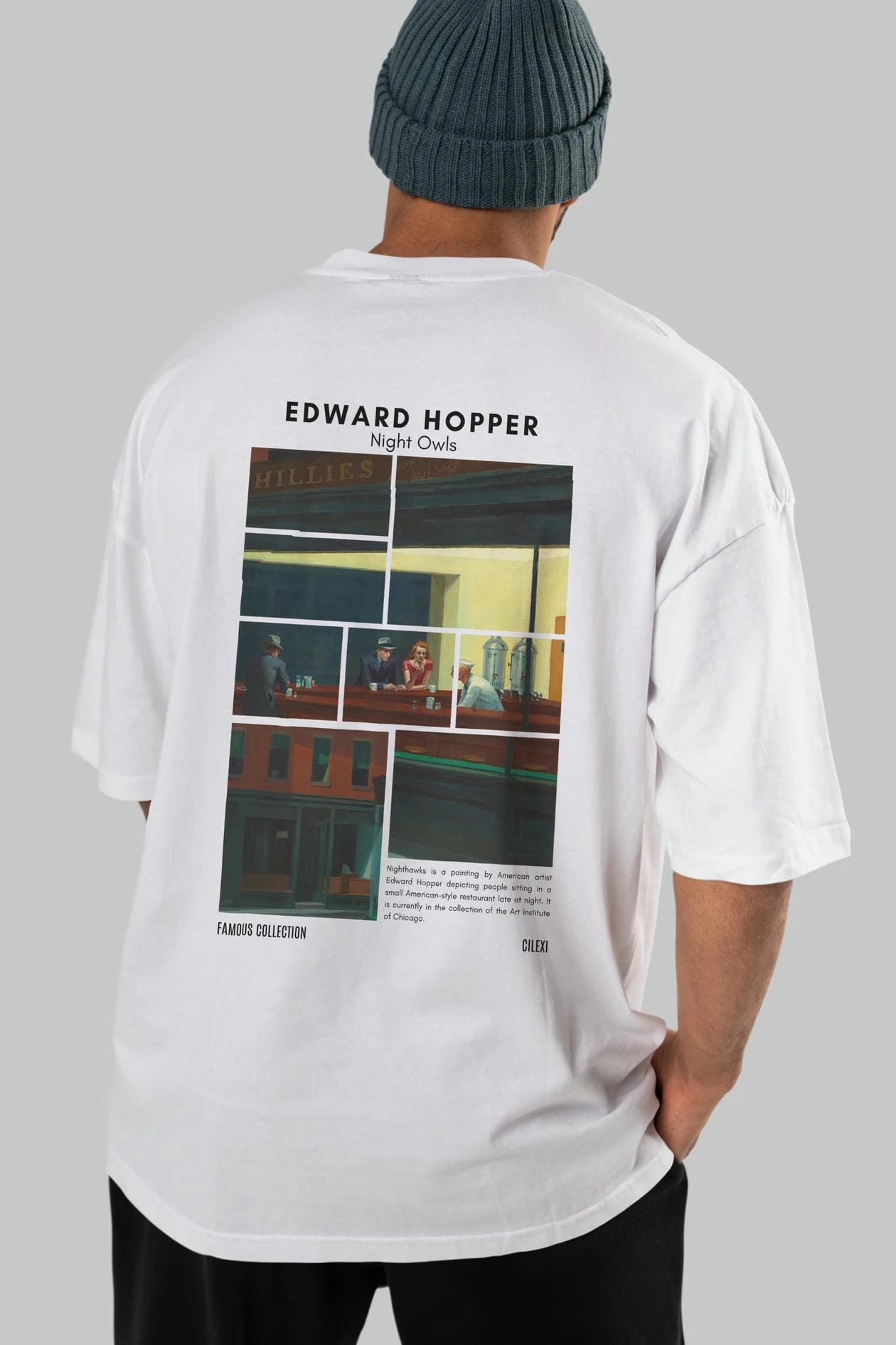 Edward Hopper Night Owls Arka Baskılı Oversize t-shirt Erkek Kadın Bisiklet Yaka Pamuk tişort