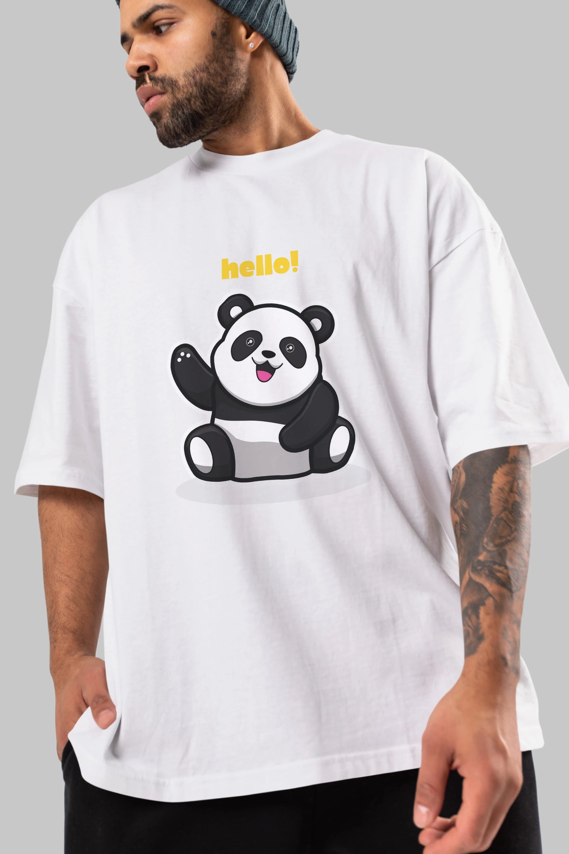 Hello Panda Ön Baskılı Oversize t-shirt Erkek Kadın Unisex