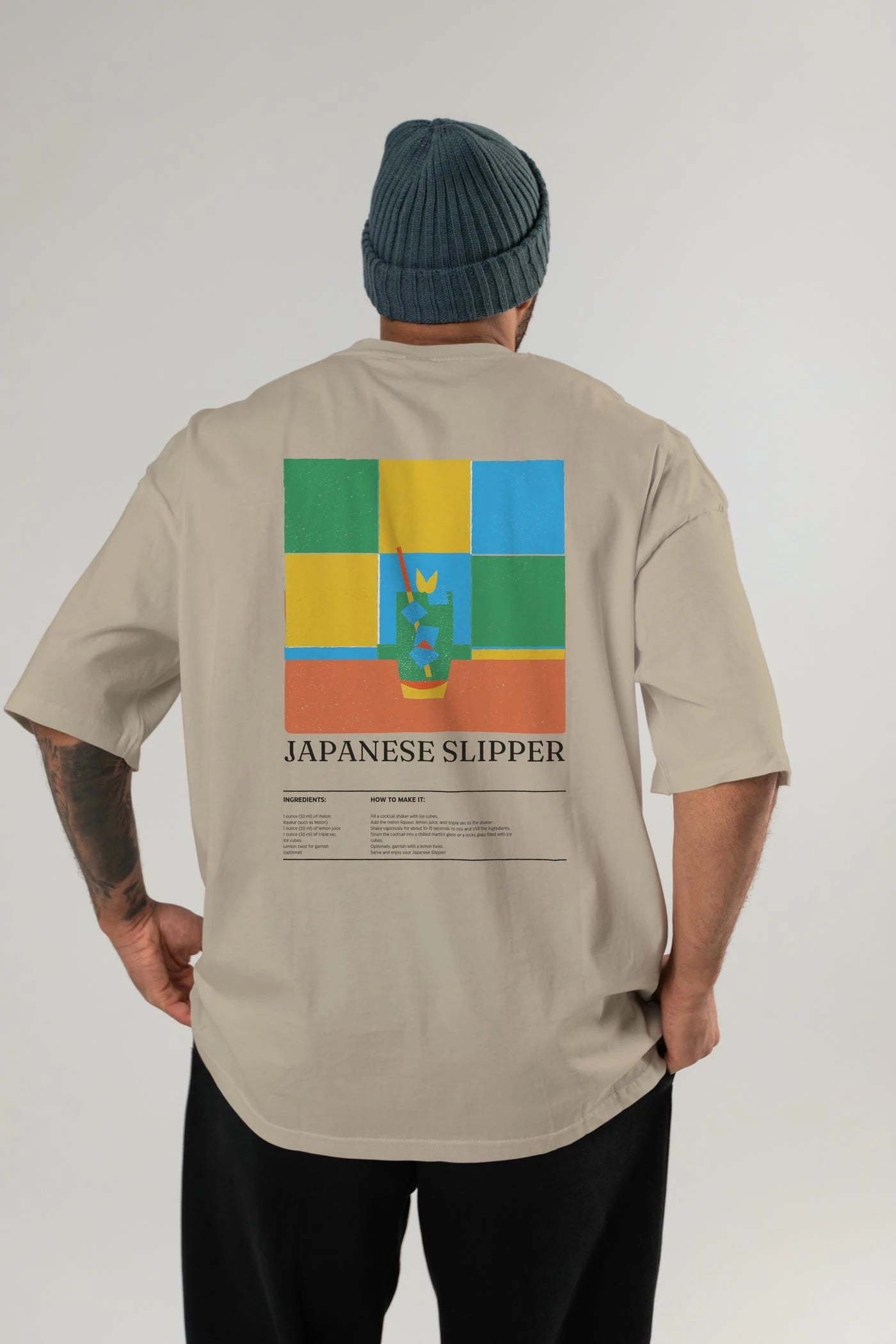Japanese Slipper Kokteyl Serisi Arka Baskılı Oversize t-shirt Erkek Kadın %100 Pamuk Bisiklet Yaka tişort