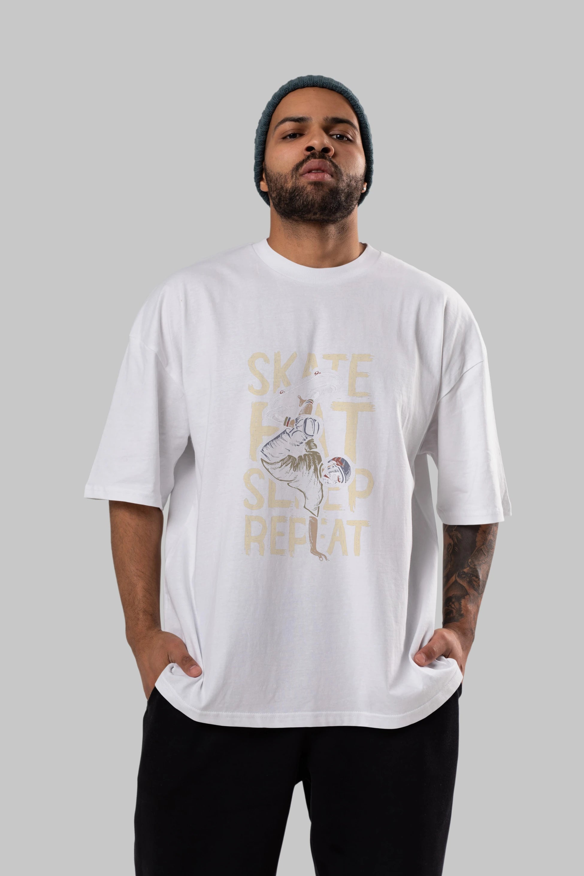 Skate Eat Sleep Repeat Ön Baskılı Oversize t-shirt Erkek Kadın Unisex %100 Pamuk tişort