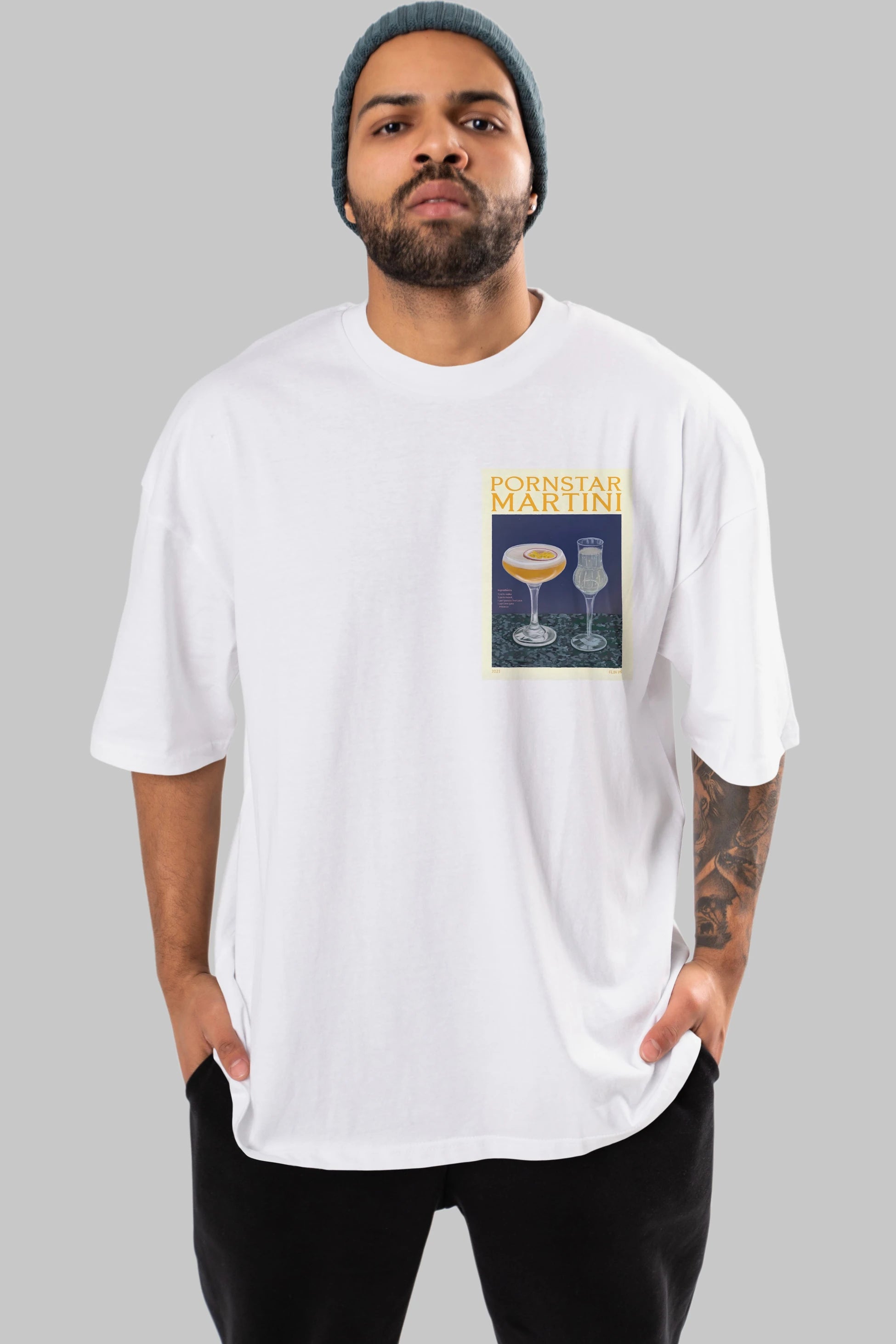 P.rnstar Martini Ön Sol Baskılı Oversize t-shirt Erkek Kadın Unisex %100 Pamuk Bisiklet Yaka tişort