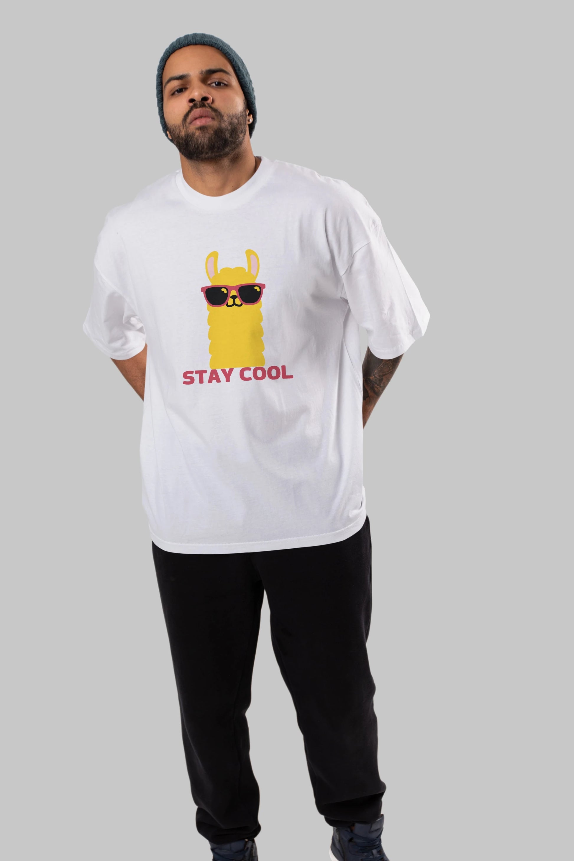 Stay Cool Yazılı Lama Ön Baskılı Oversize t-shirt Erkek Kadın Unisex