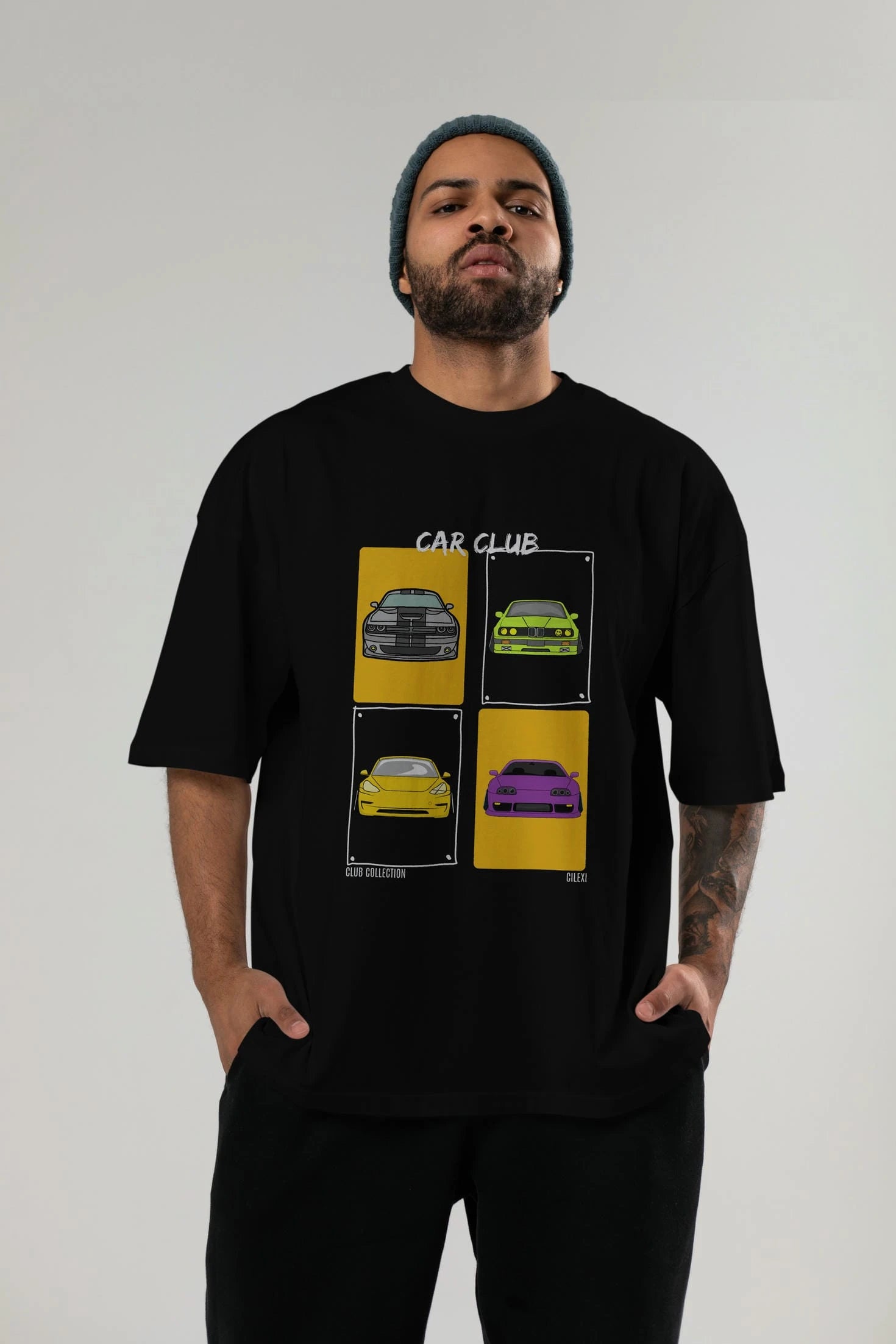 Car Club ön Baskılı Oversize t-shirt Erkek Kadın %100 Pamuk Bisiklet Yaka tişort