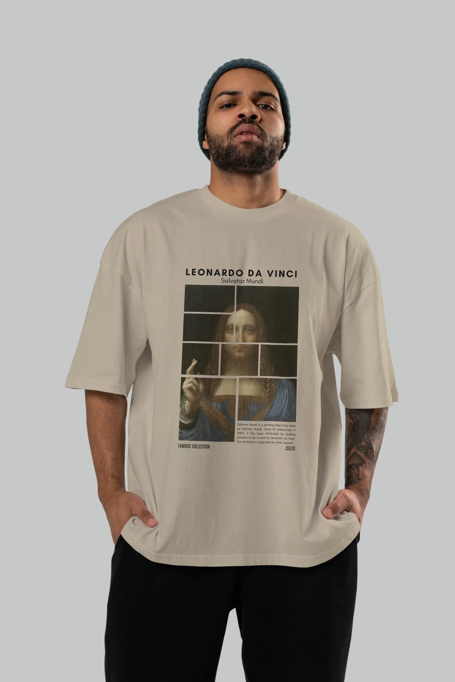 Salvador Mundi ön Baskılı Oversize t-shirt Erkek Kadın Bisiklet Yaka Pamuk tişort