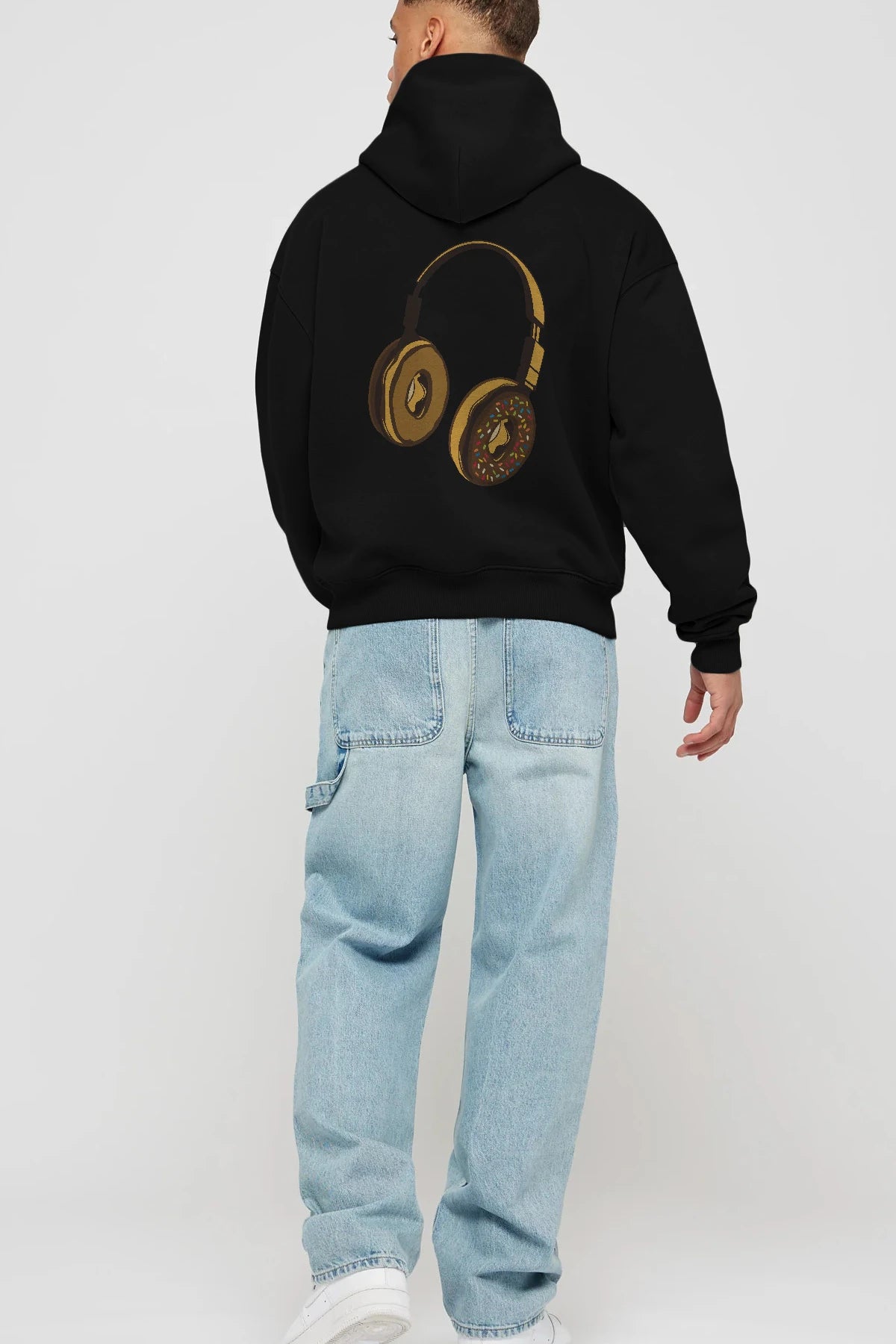 Headphone Donut Arka Baskılı Hoodie Oversize Kapüşonlu Sweatshirt Erkek Kadın Unisex