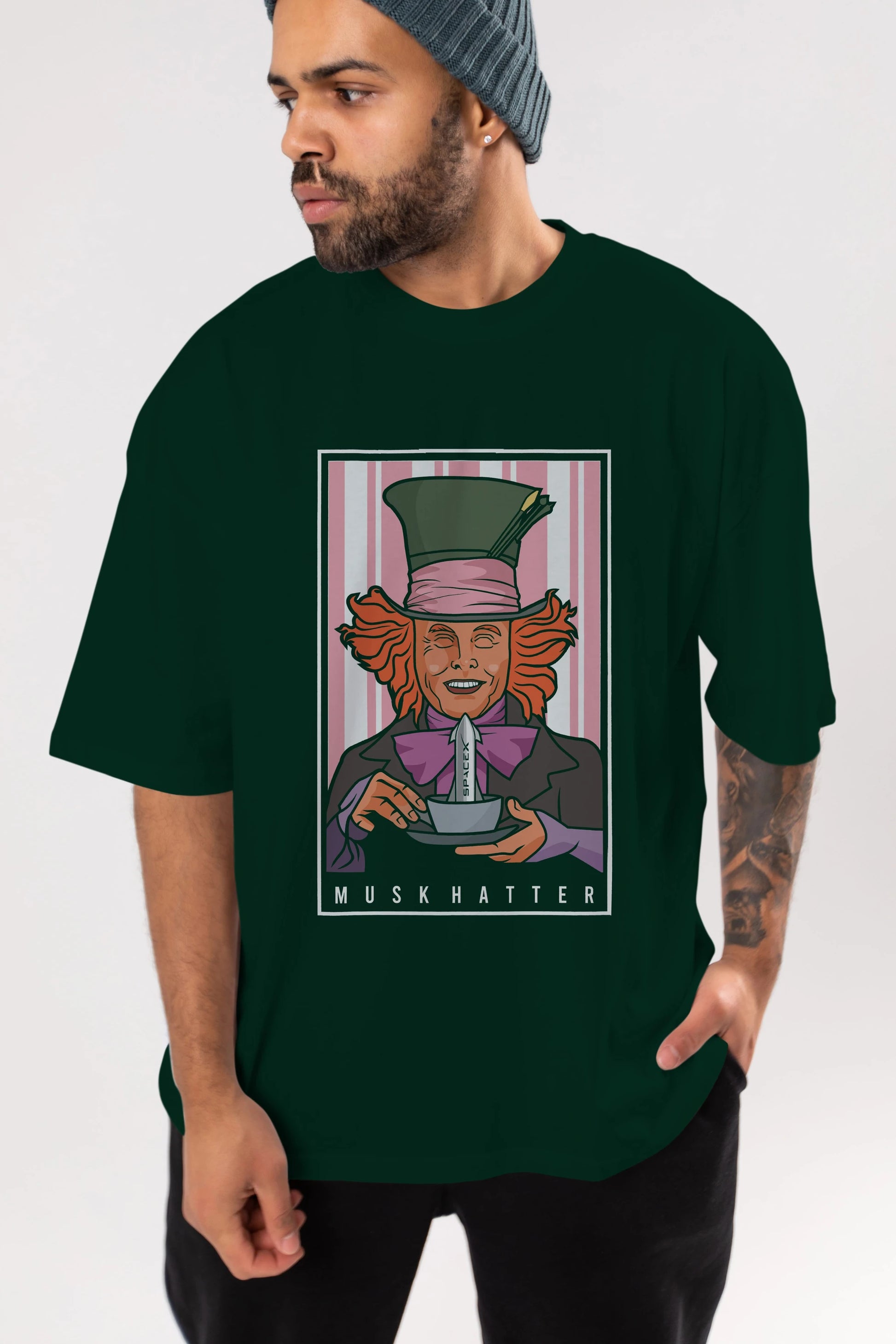Mad Hatter Elon Musk Ön Baskılı Oversize t-shirt Erkek Kadın Unisex %100 Pamuk tişort