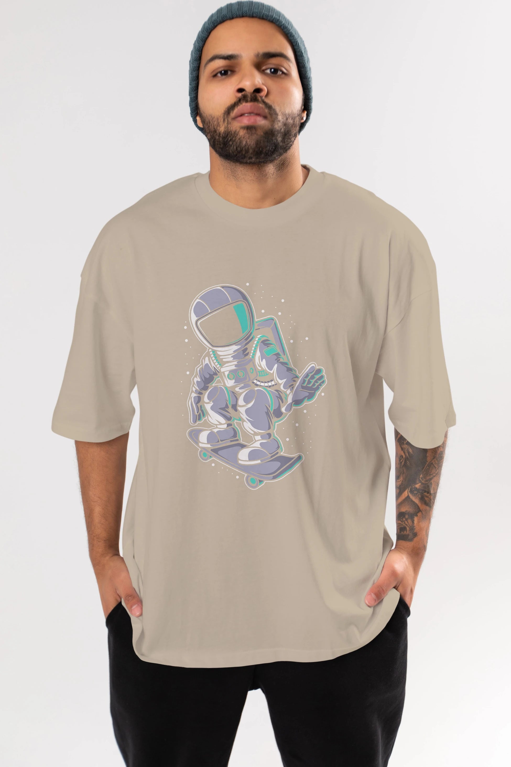 Astronaut Skater Ön Baskılı Oversize t-shirt Erkek Kadın Unisex
