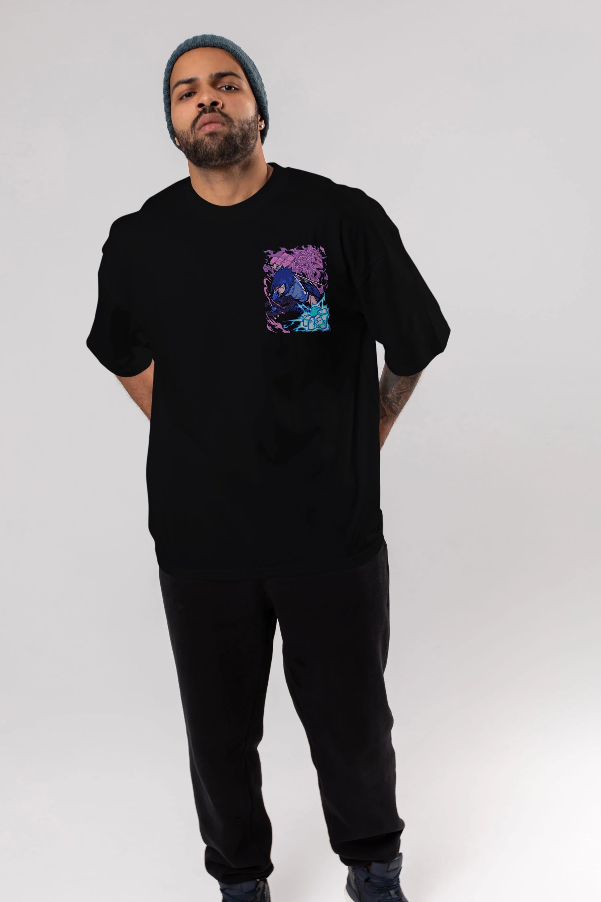 NARUTO SASUKE UCHIHA 2 Ön Sol Baskılı Oversize t-shirt Erkek Kadın Unisex %100 Pamuk Bisiklet Yaka tişort