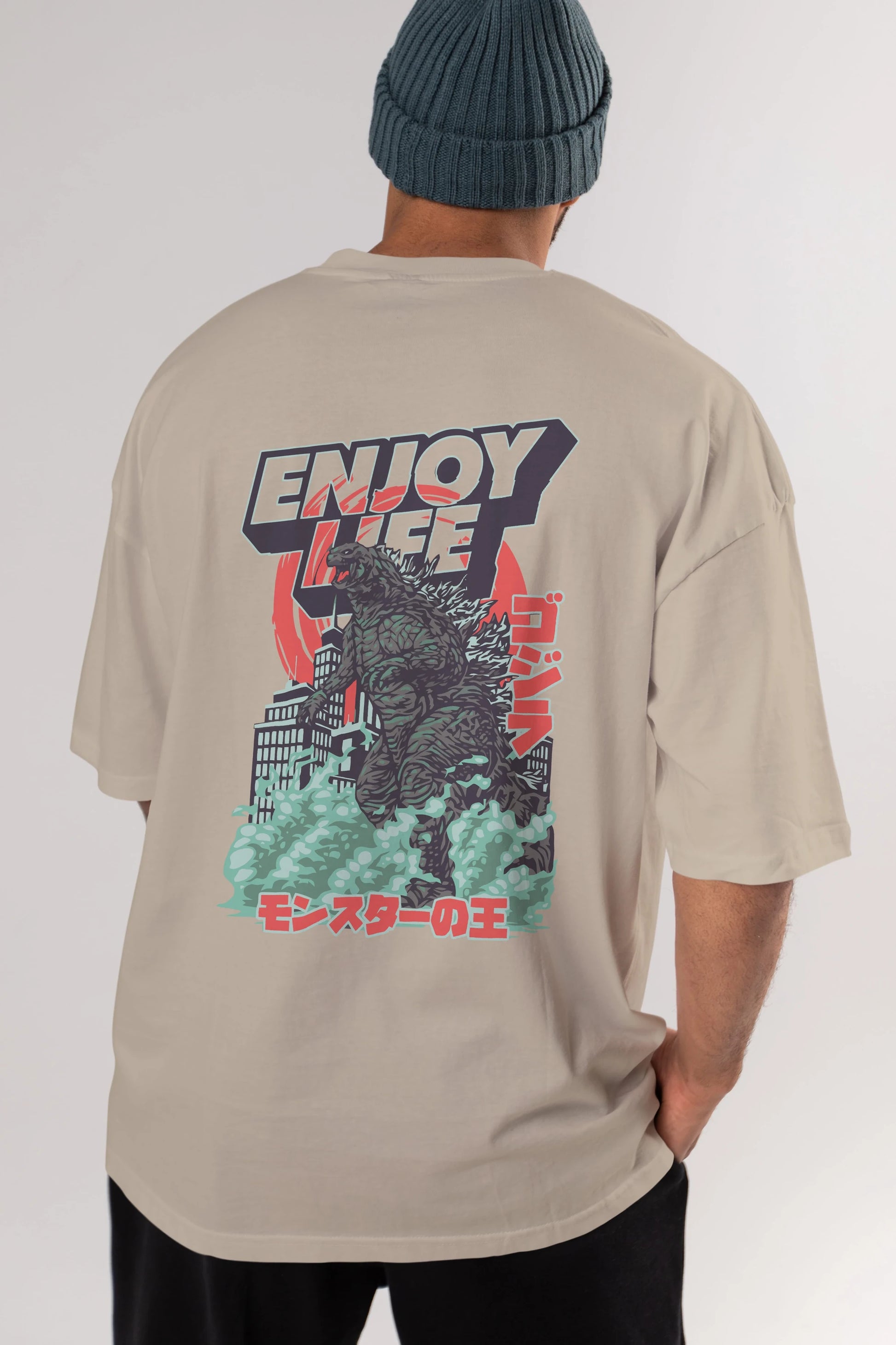 Godzilla Arka Baskılı Oversize t-shirt Erkek Kadın Unisex %100 Pamuk Bisiklet Yaka tişort