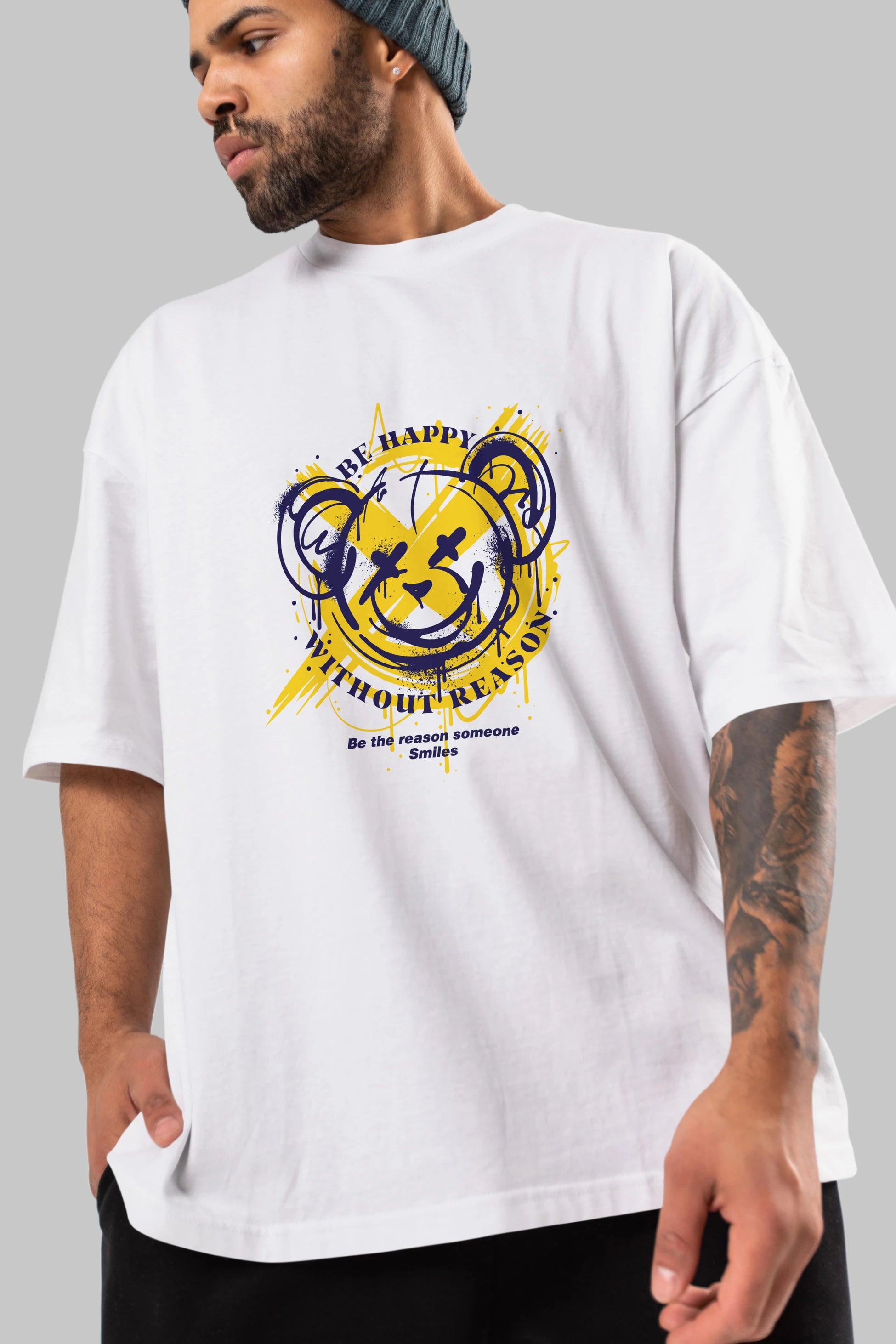 Be Happy Bear 2 Ön Baskılı Oversize t-shirt Erkek Kadın Unisex