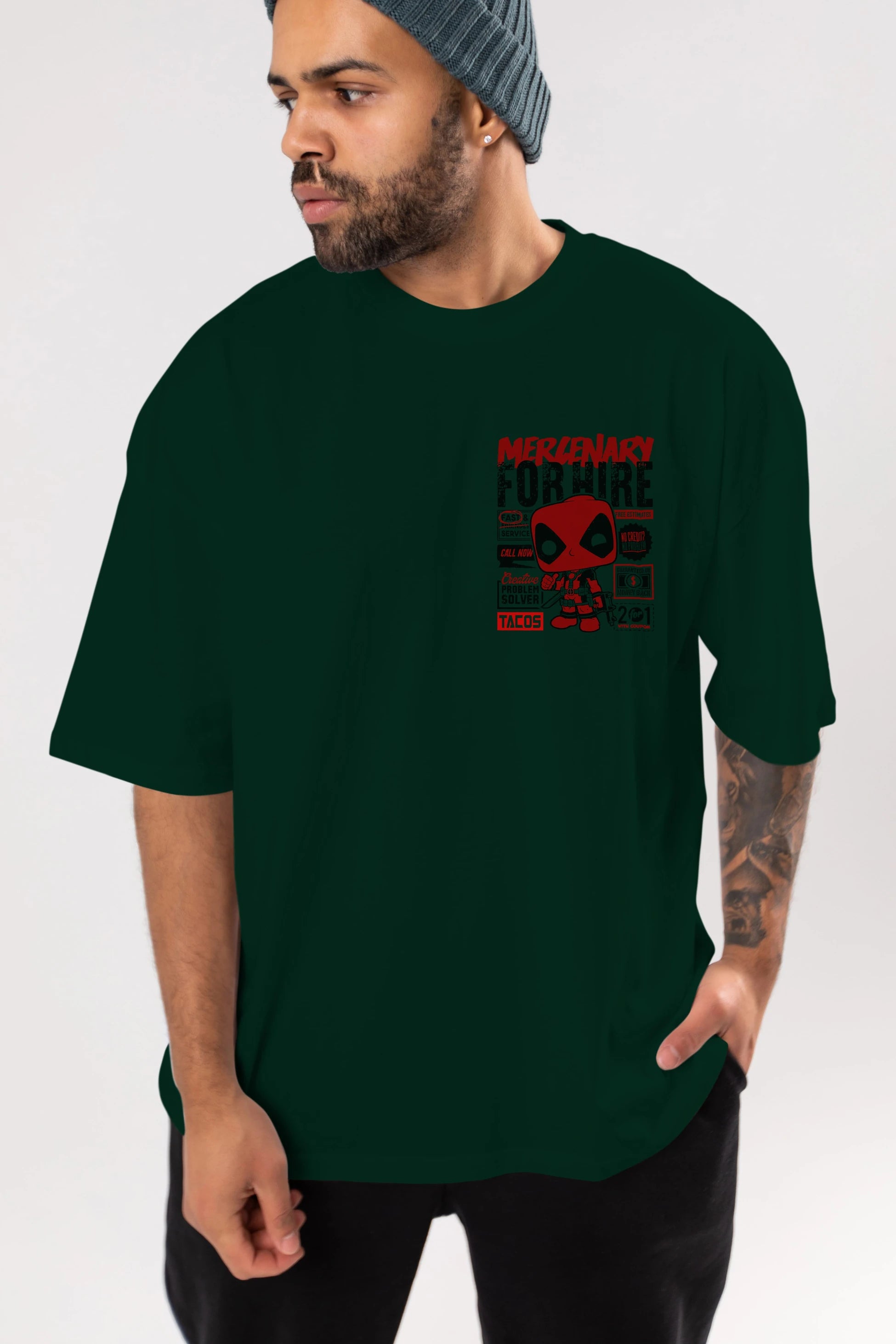 Deadpool (18) Ön Sol Baskılı Oversize t-shirt Erkek Kadın Unisex %100 Pamuk Bisiklet Yaka tişort