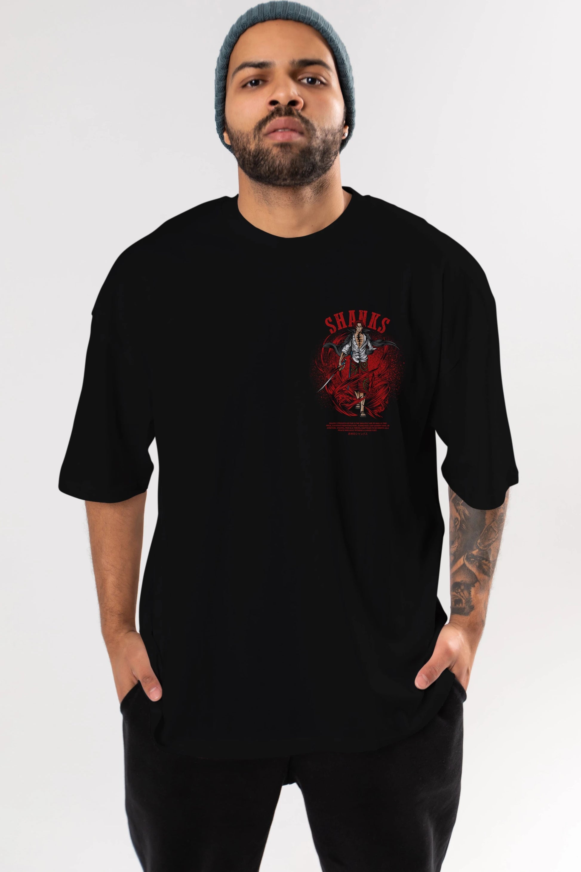 Shanks Ön Sol Baskılı Oversize t-shirt Erkek Kadın Unisex %100 Pamuk Bisiklet Yaka tişort