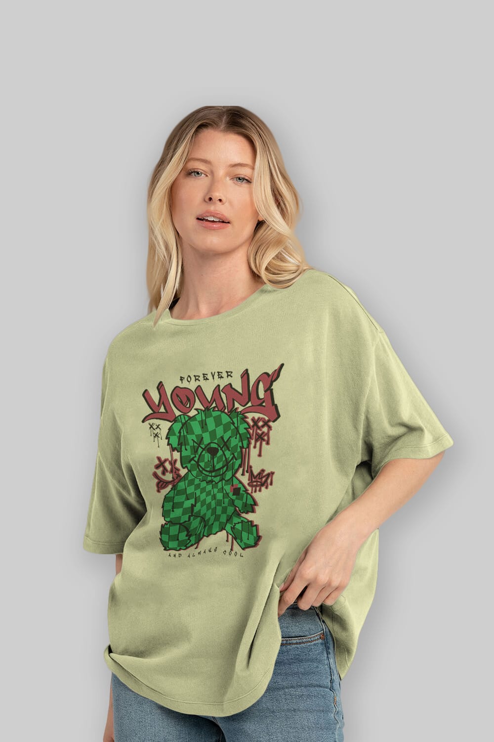 Young and Always Cool Bear Ön Baskılı Oversize t-shirt Erkek Kadın Unisex