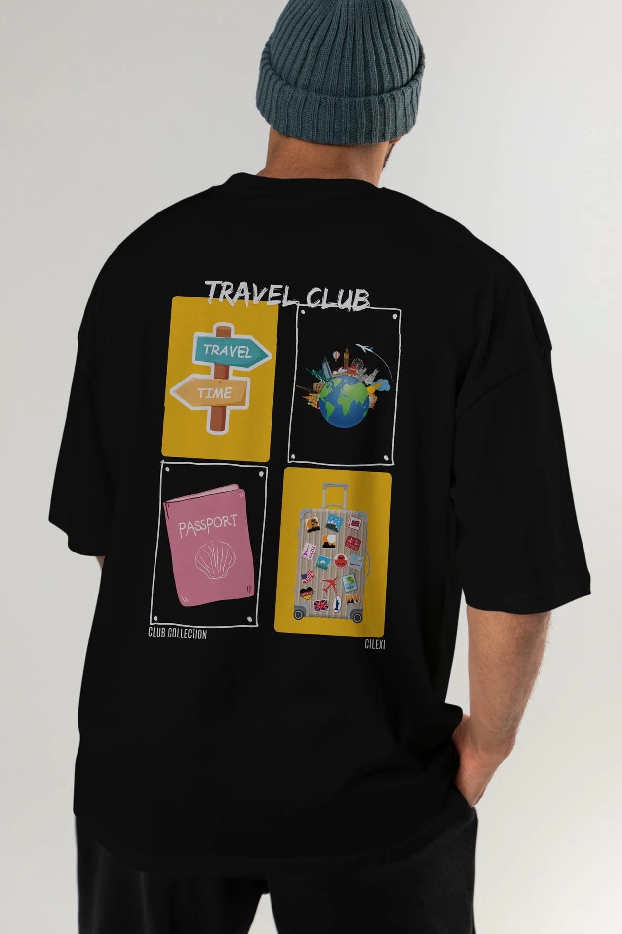 Travel Club Arka Baskılı Oversize t-shirt Erkek Kadın %100 Pamuk Bisiklet Yaka tişort