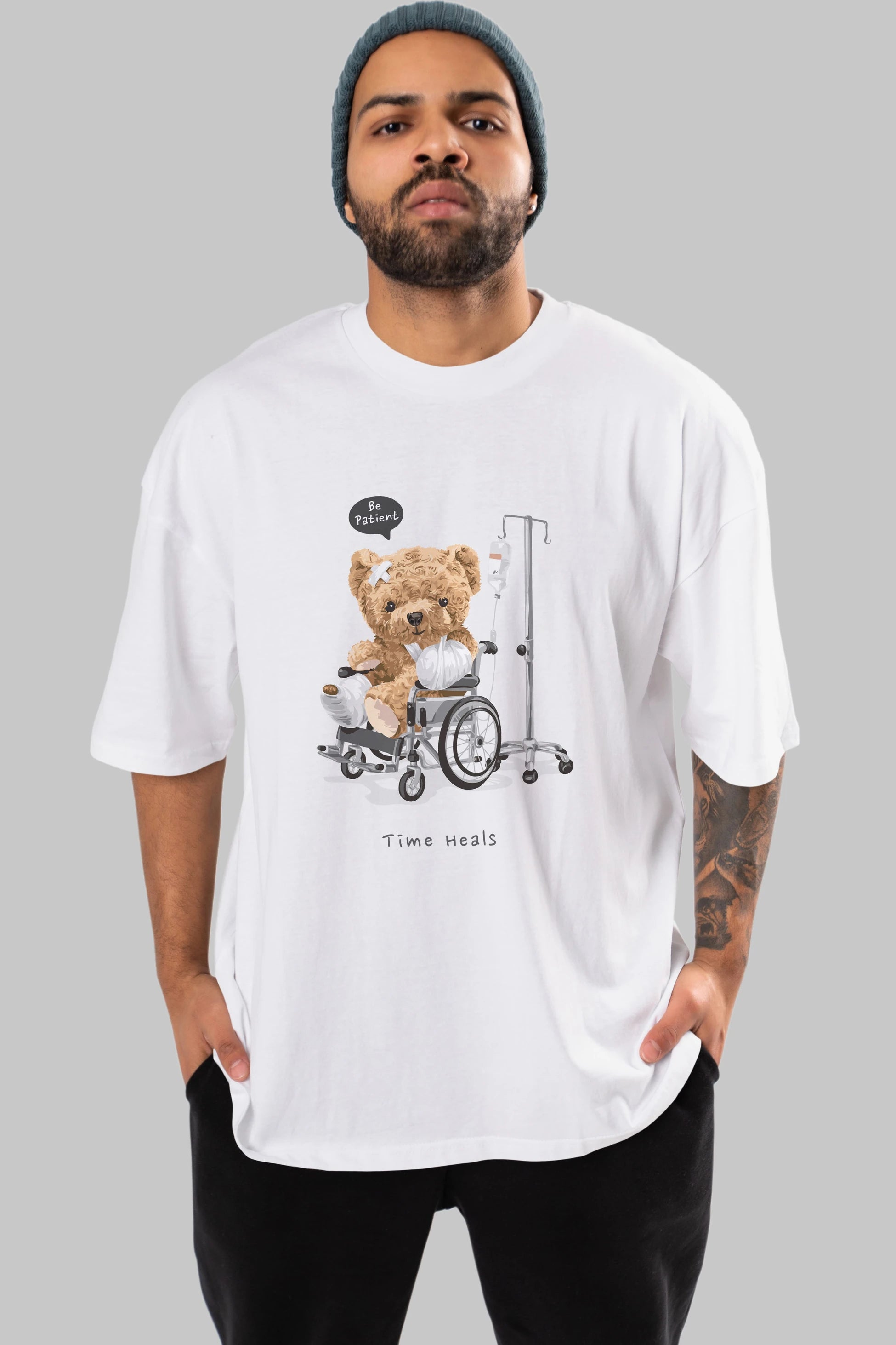 Teddy Bear Time Heals Ön Baskılı Oversize t-shirt Erkek Kadın Unisex %100 Pamuk