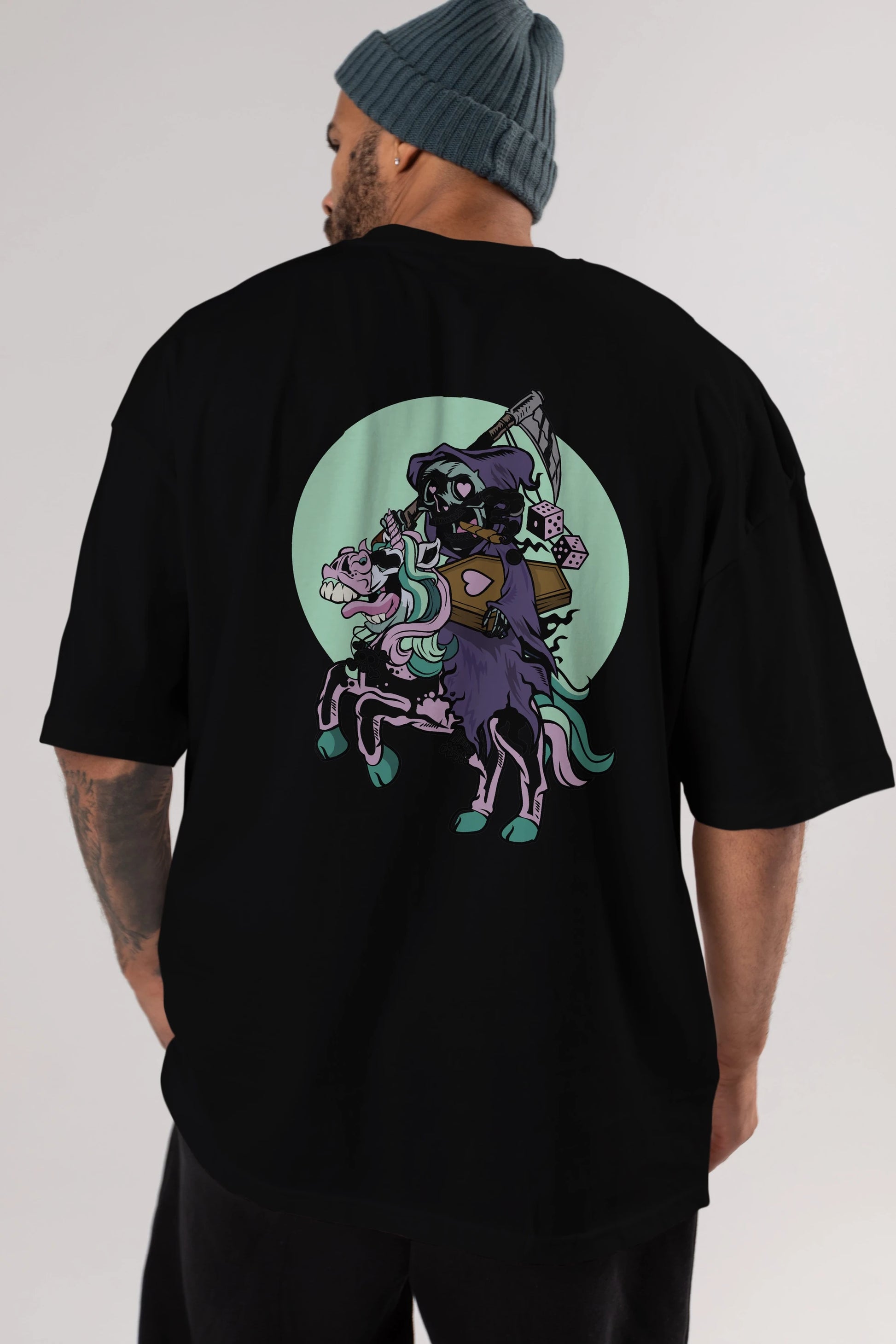 Grim Reaper Riding Unicorn Arka Baskılı Oversize t-shirt Erkek Kadın Unisex %100 Pamuk tişort
