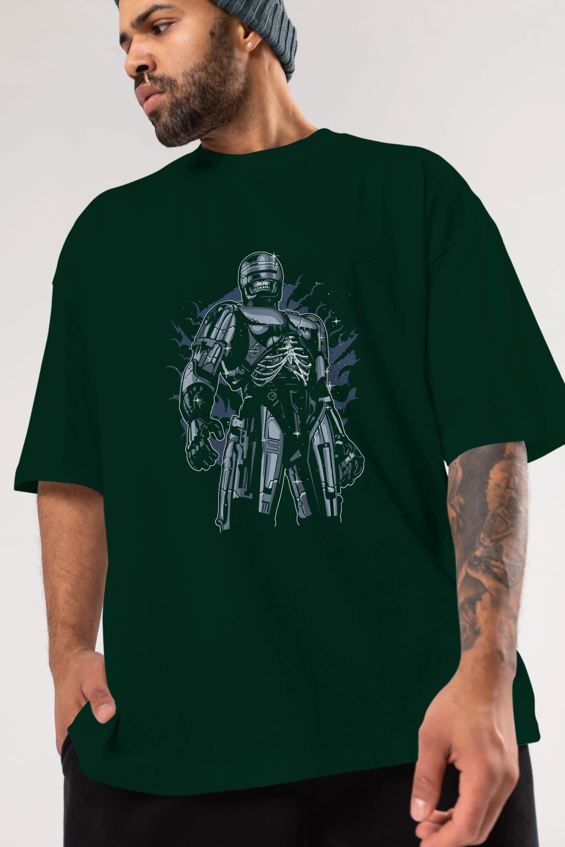 Roboskull Ön Baskılı Oversize t-shirt Erkek Kadın Unisex %100 Pamuk tişort