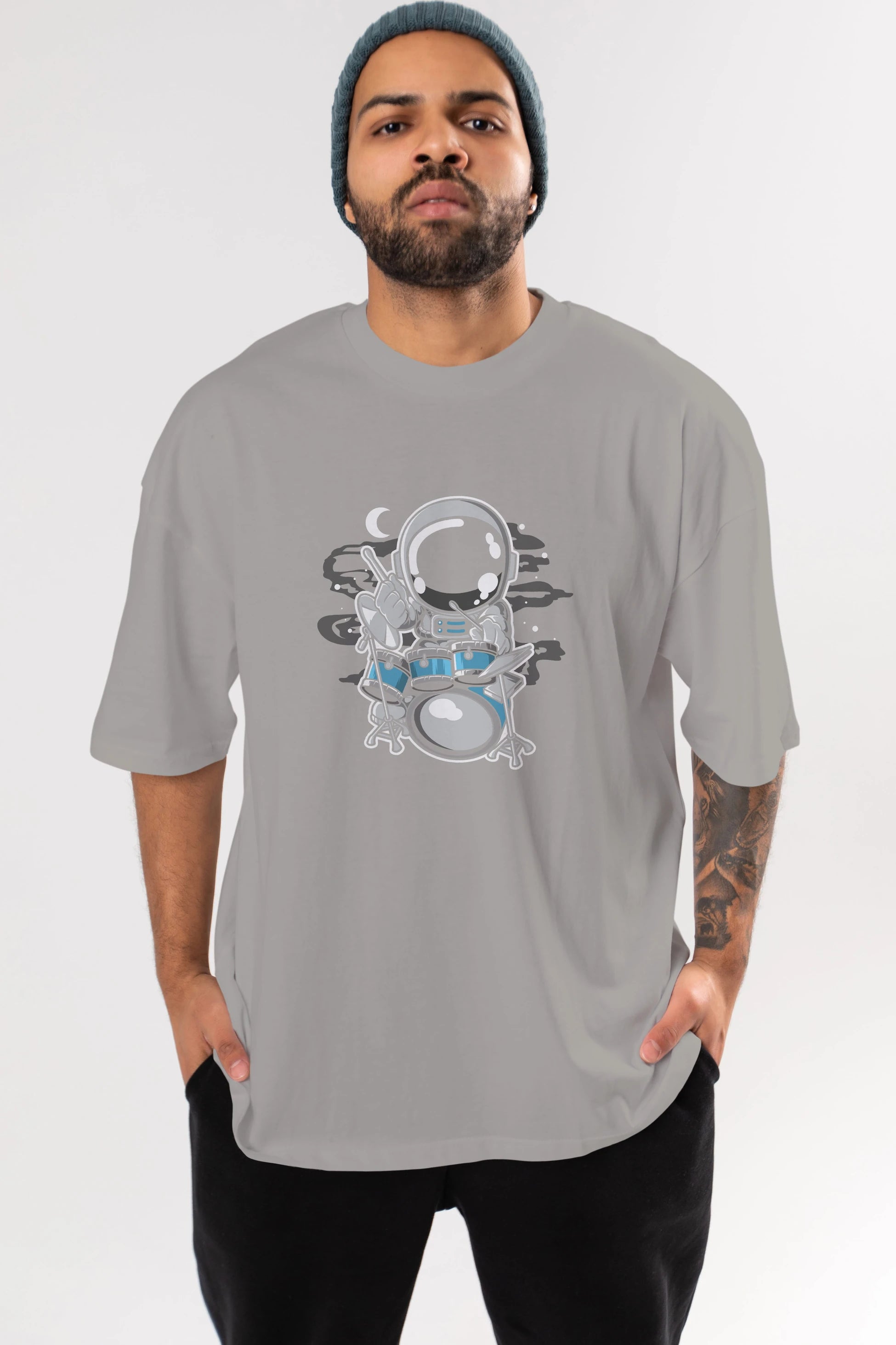 Astronaut Drummer Ön Baskılı Oversize t-shirt Erkek Kadın Unisex