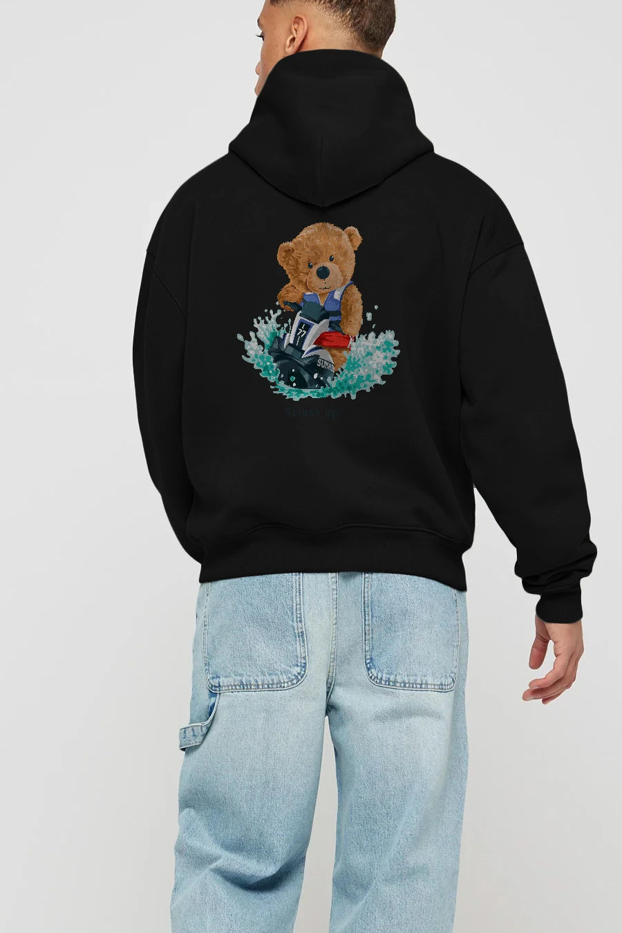 Teddy Bear Splash Up Arka Baskılı Hoodie Oversize Kapüşonlu Sweatshirt Erkek Kadın Unisex