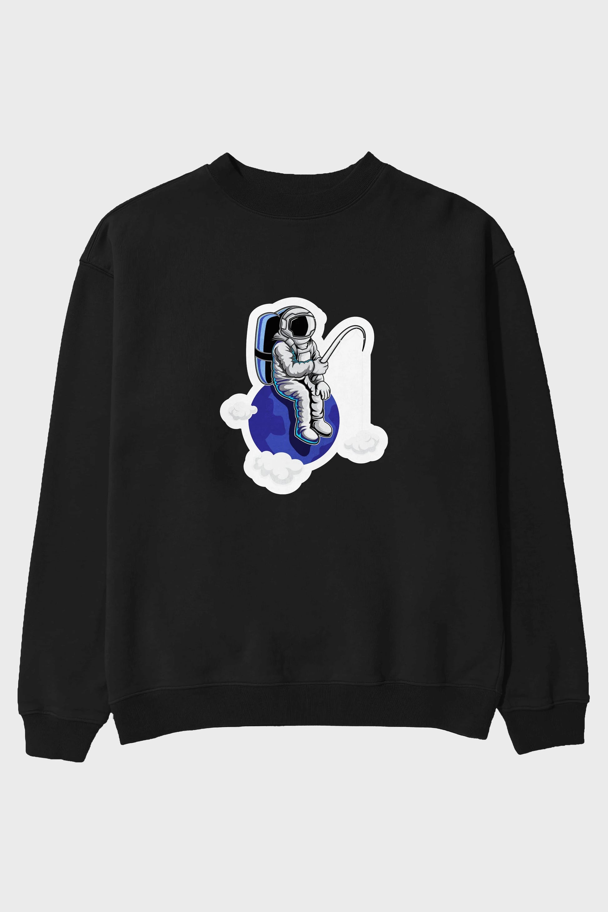 Astronaut Fishing Sticker Ön Baskılı Oversize Sweatshirt Erkek Kadın Unisex