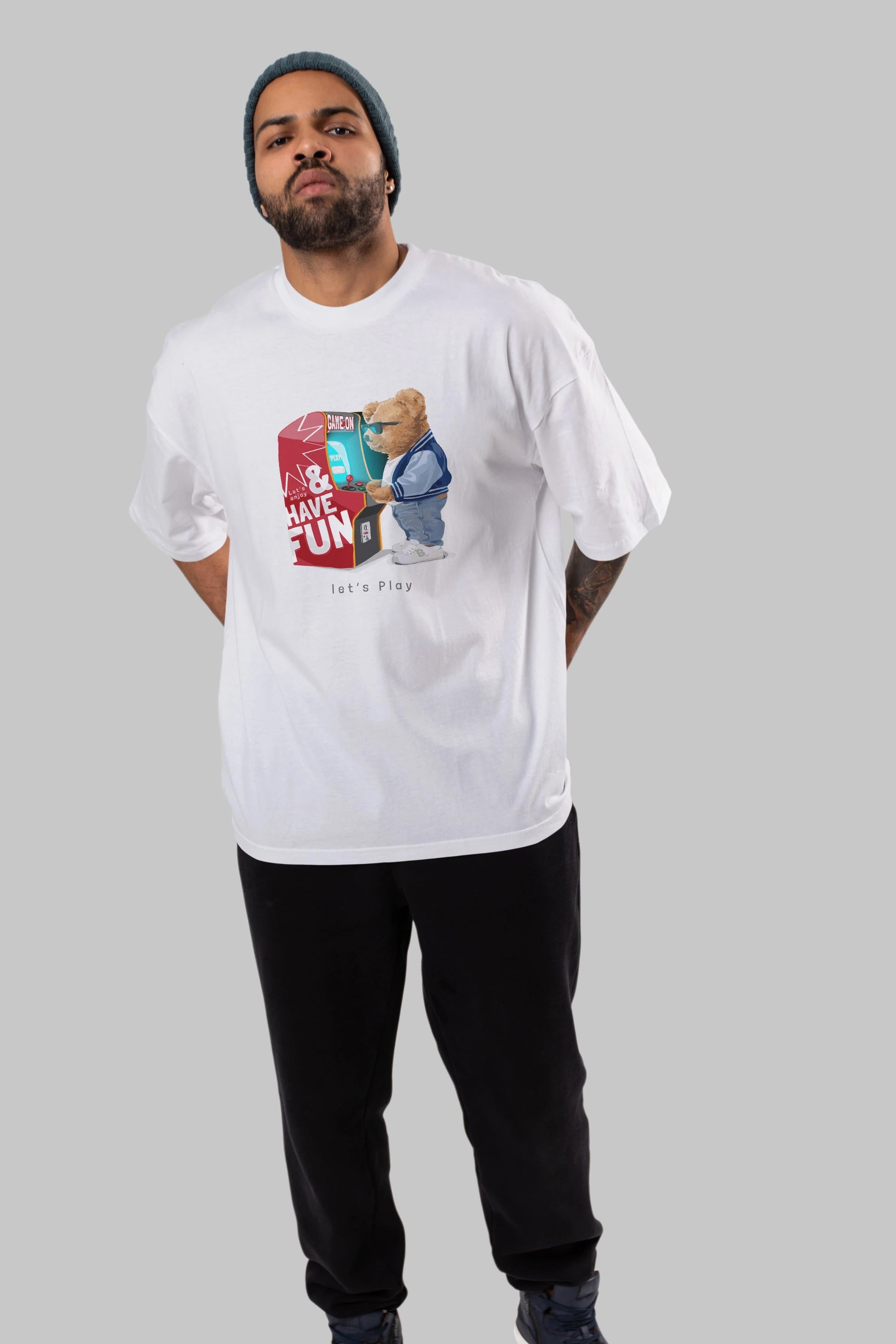 Teddy Bear Lets Play Ön Baskılı Oversize t-shirt Erkek Kadın Unisex %100 Pamuk