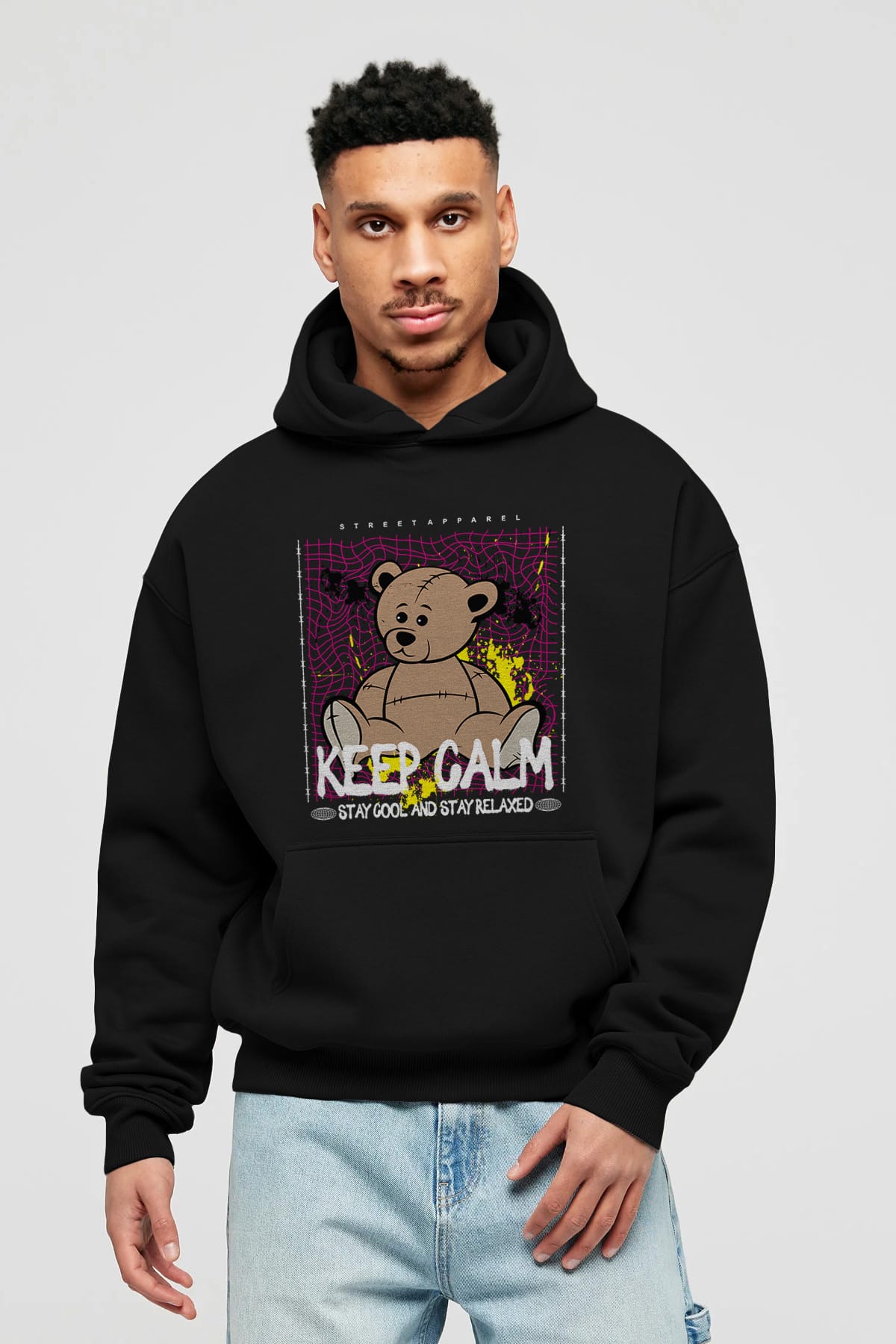 Keep Calm Bear Ön Baskılı Hoodie Oversize Kapüşonlu Sweatshirt Erkek Kadın Unisex