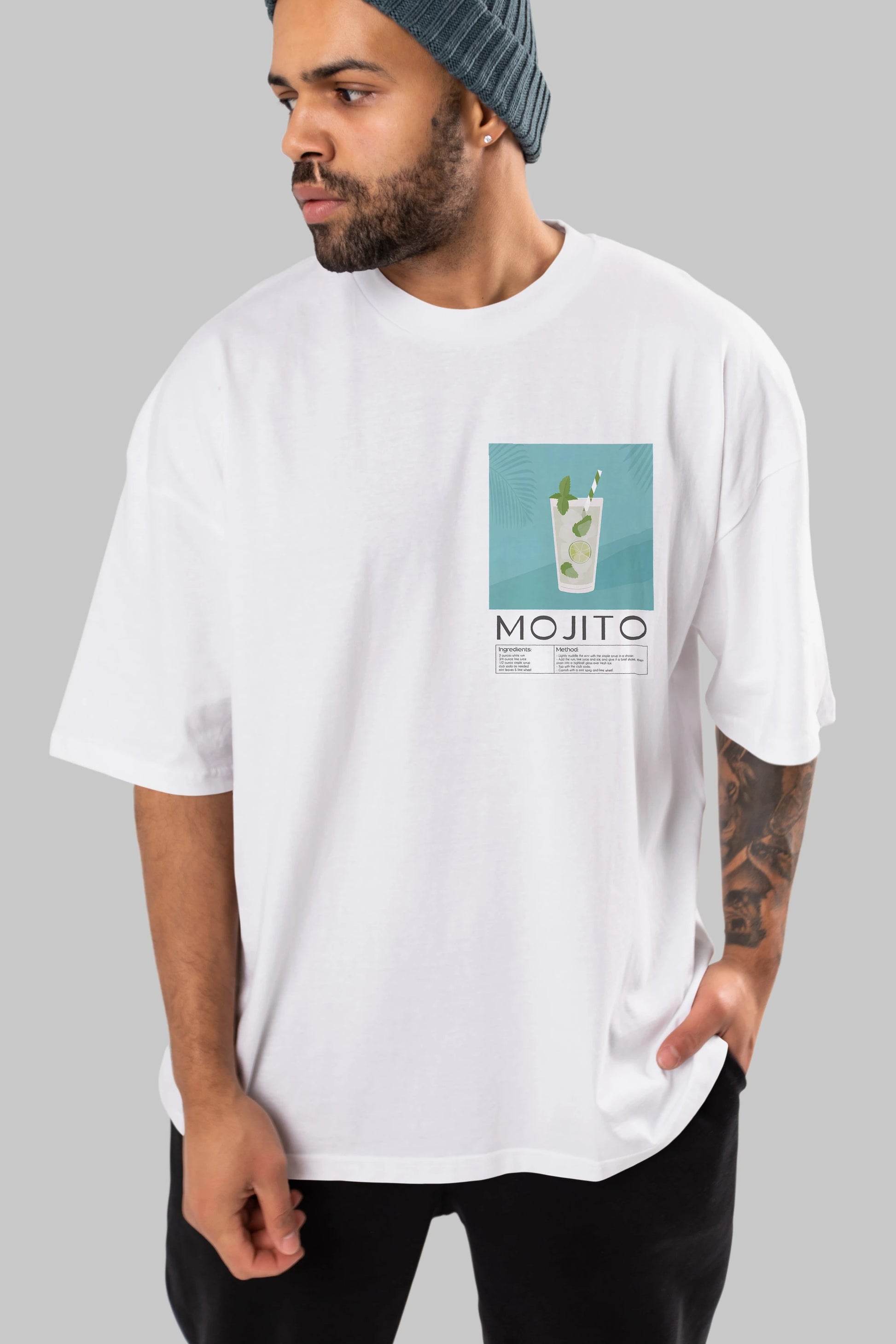Mojito 4 Ön Sol Baskılı Oversize t-shirt Erkek Kadın Unisex %100 Pamuk Bisiklet Yaka tişort