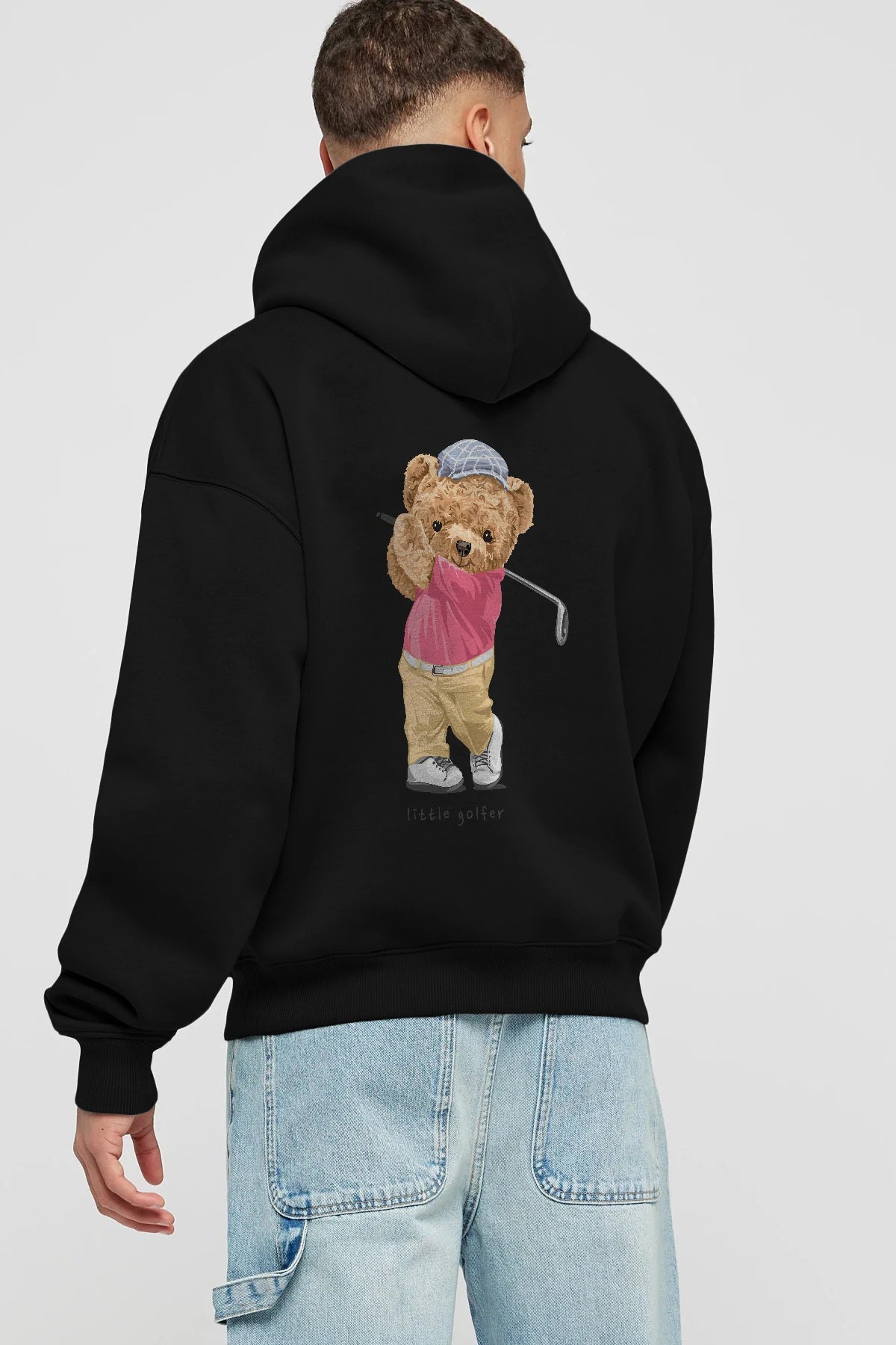 Teddy Bear Little Golfer Arka Baskılı Hoodie Oversize Kapüşonlu Sweatshirt Erkek Kadın Unisex