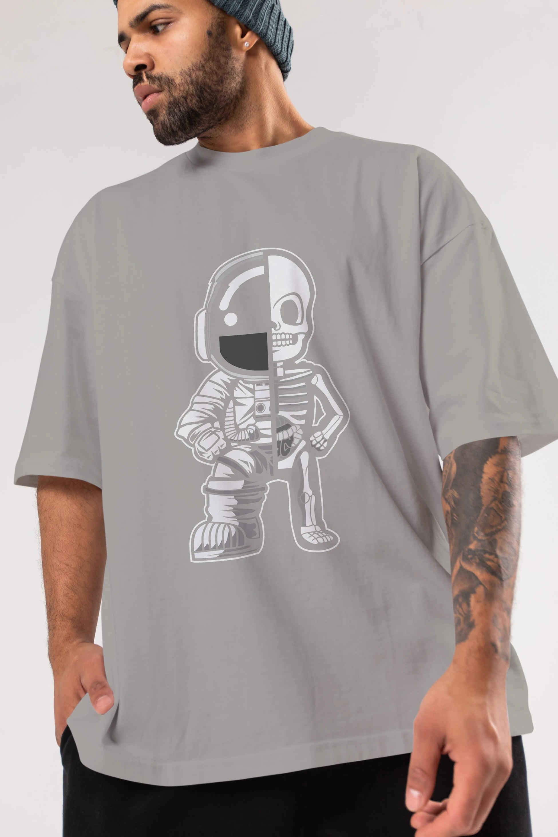 Astronaut Half Skeleton Ön Baskılı Oversize t-shirt Erkek Kadın Unisex