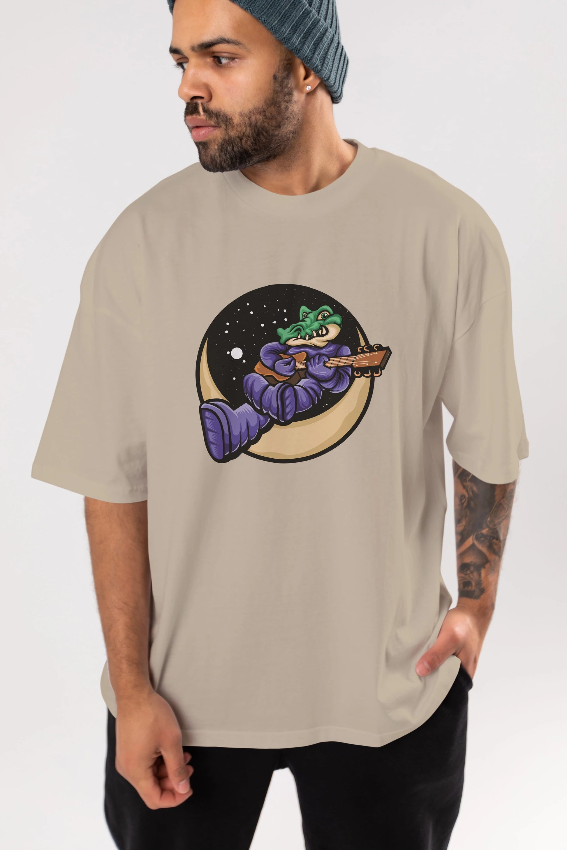 Space Crocodile Ön Baskılı Oversize t-shirt Erkek Kadın Unisex