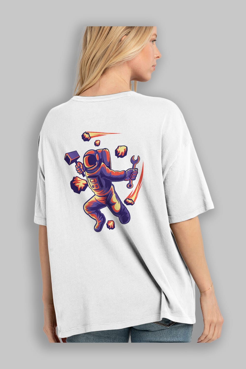 Astronaut Block Meteor Sticker Arka Baskılı Oversize t-shirt Erkek Kadın Unisex