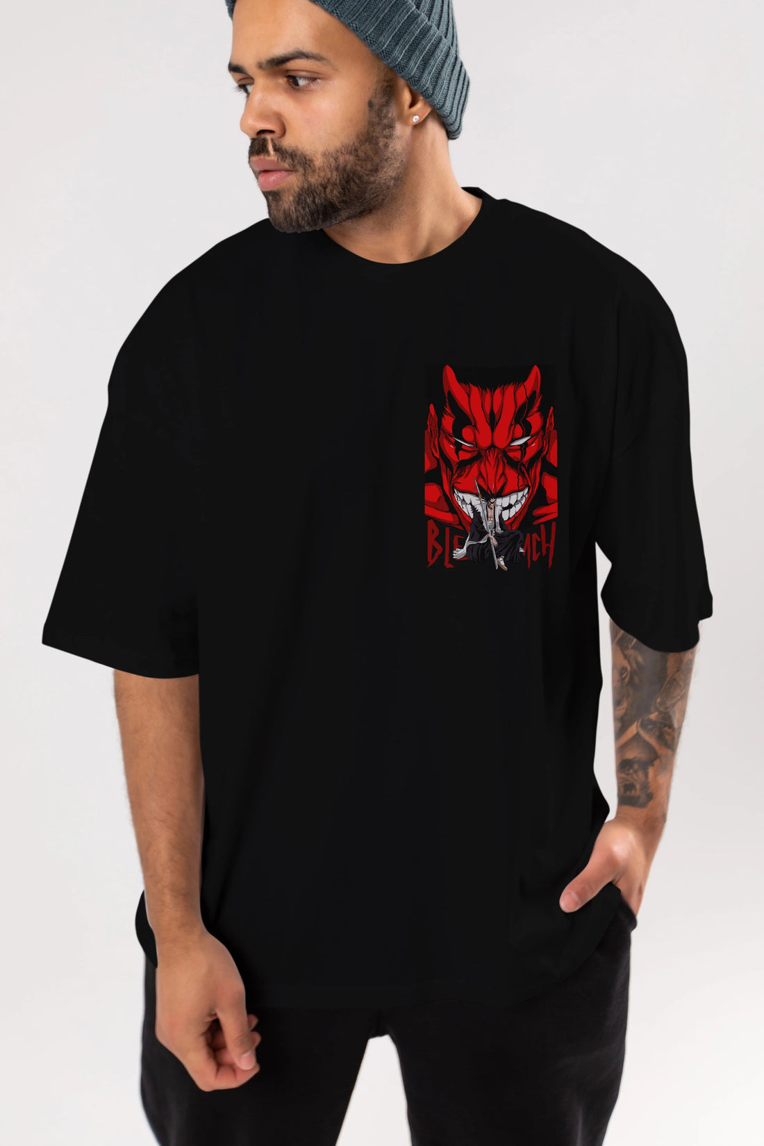 KENPACHI ZARAKI BLEACH Ön Sol Baskılı Oversize t-shirt Erkek Kadın Unisex %100 Pamuk Bisiklet Yaka tişort