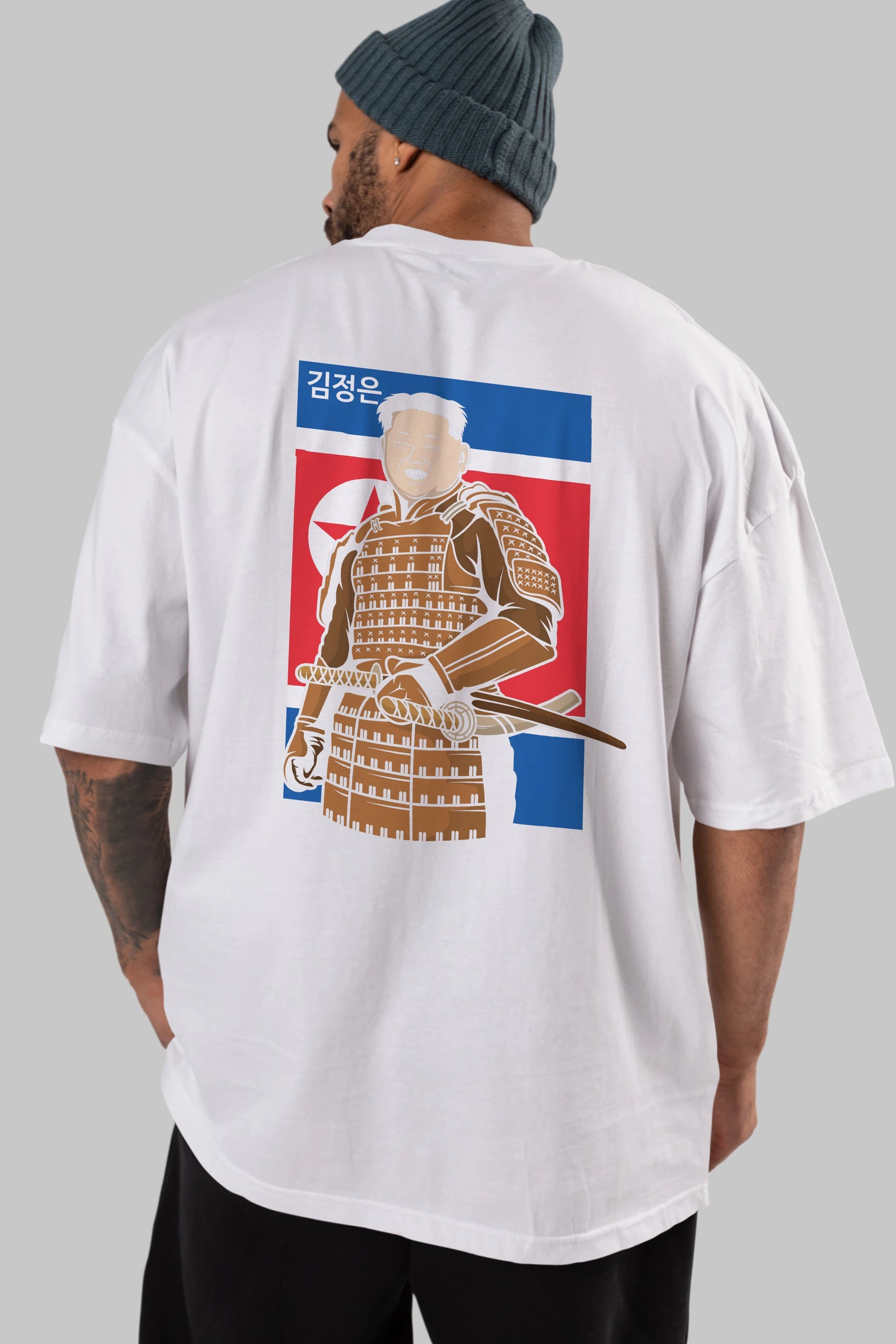 Samurai Jong Un Arka Baskılı Oversize t-shirt Erkek Kadın Unisex %100 Pamuk tişort