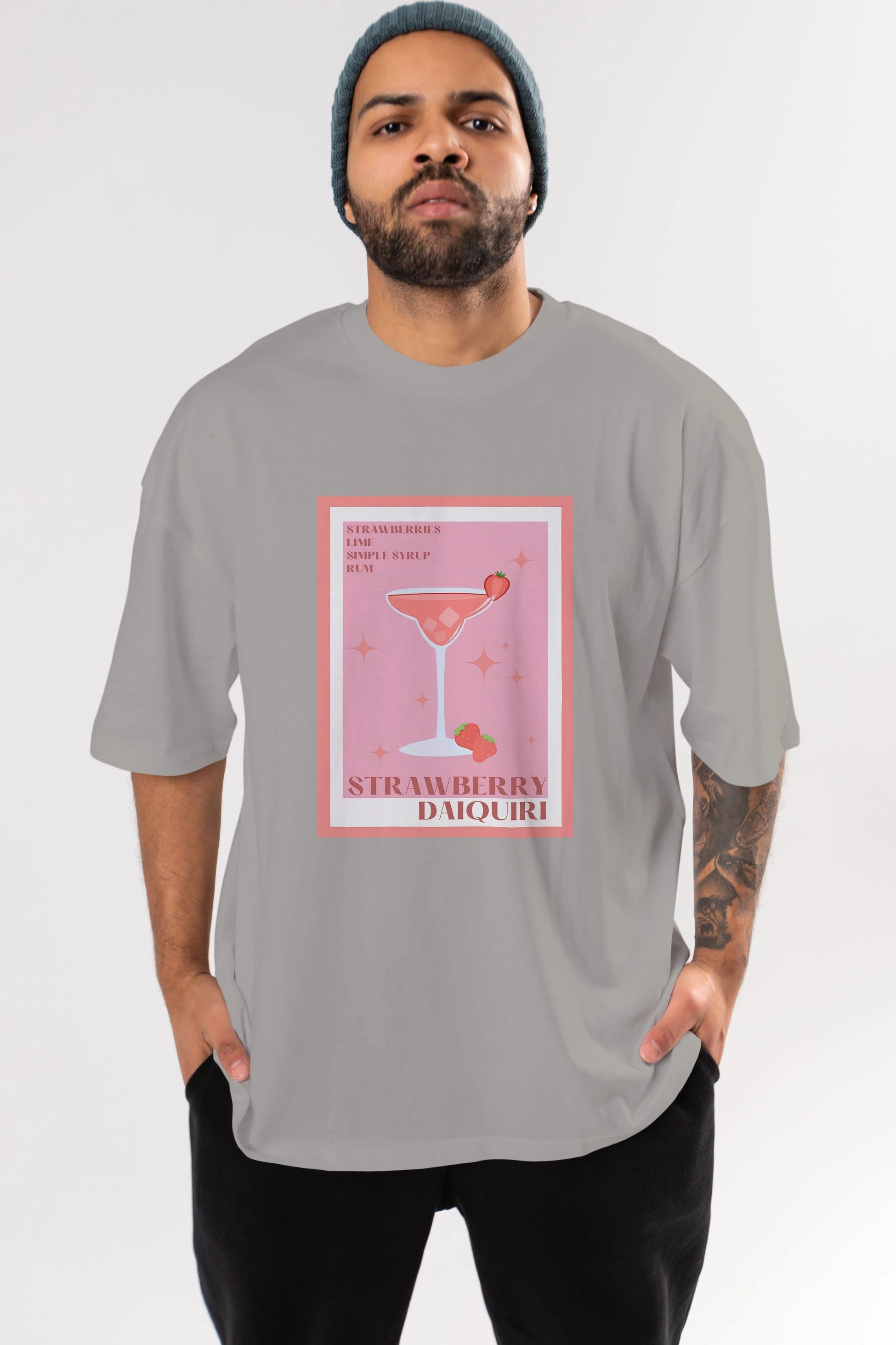 Strawberry Daiquiri Ön Baskılı Oversize t-shirt Erkek Kadın Unisex %100 Pamuk Bisiklet Yaka tişort
