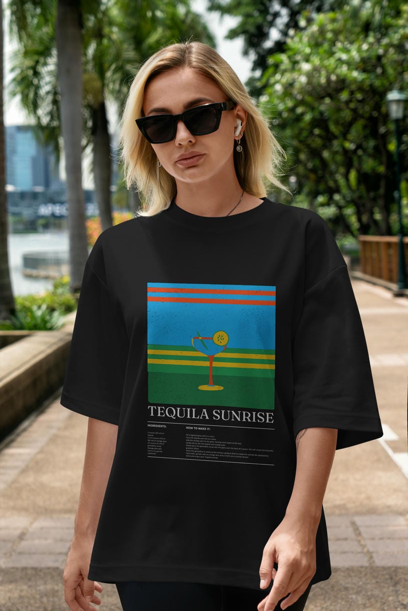 Tequila Sunrise Kokteyl Ön Baskılı Oversize t-shirt Erkek Kadın %100 Pamuk Bisiklet Yaka tişort