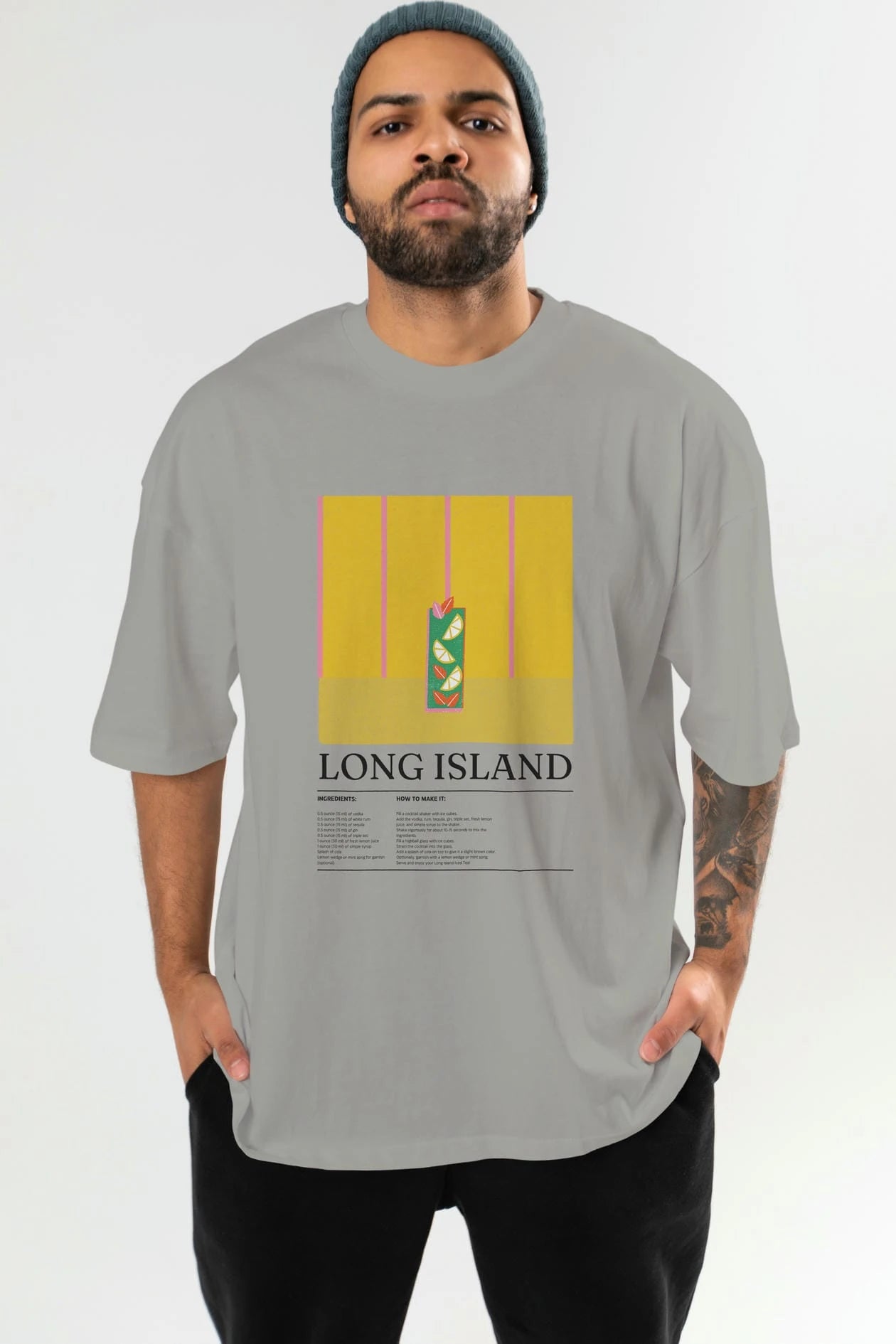 Long Island Kokteyl Ön Baskılı Oversize t-shirt Erkek Kadın %100 Pamuk Bisiklet Yaka tişort