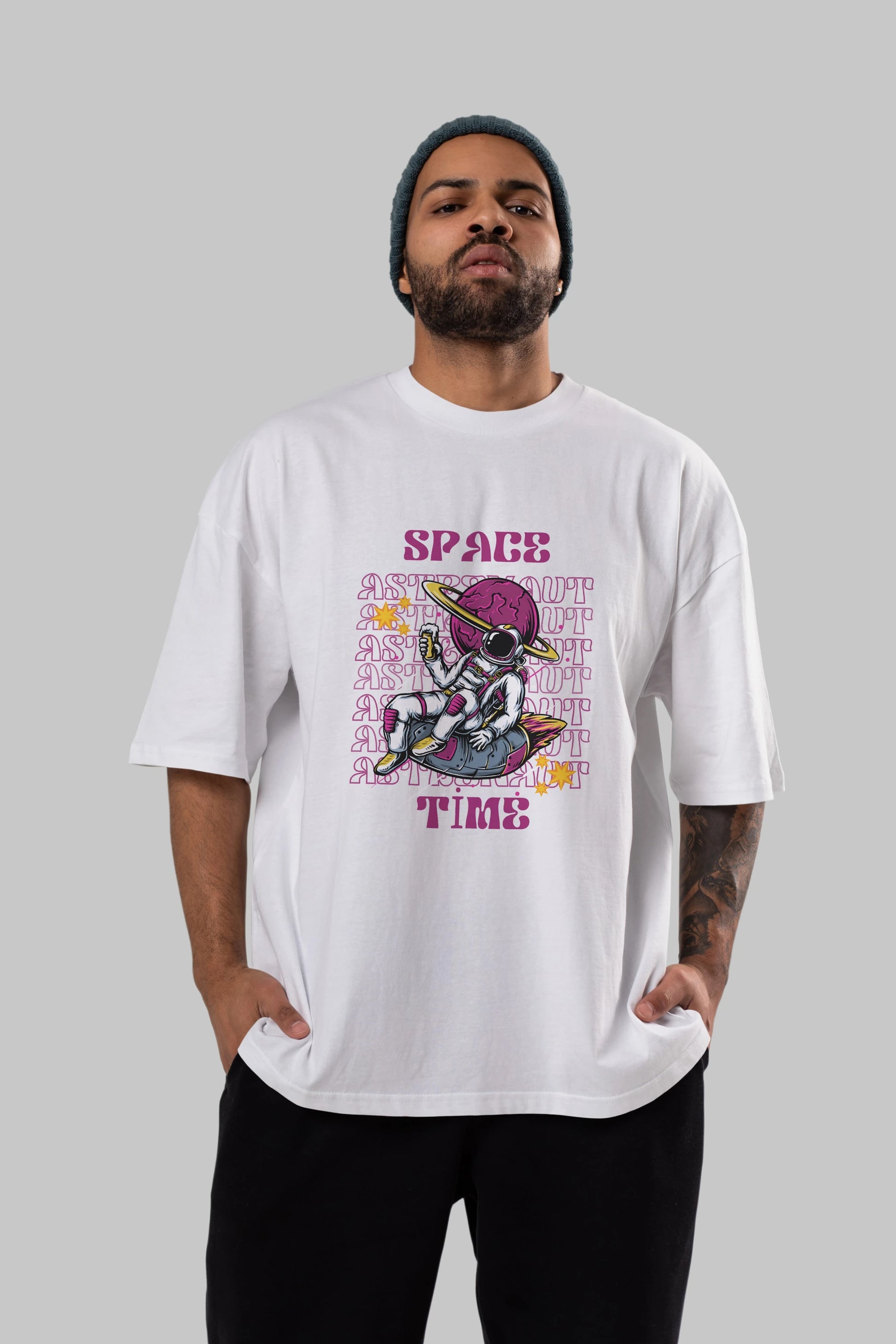 Space Time Astronaut Yazılı Ön Baskılı Oversize t-shirt Erkek Kadın Unisex