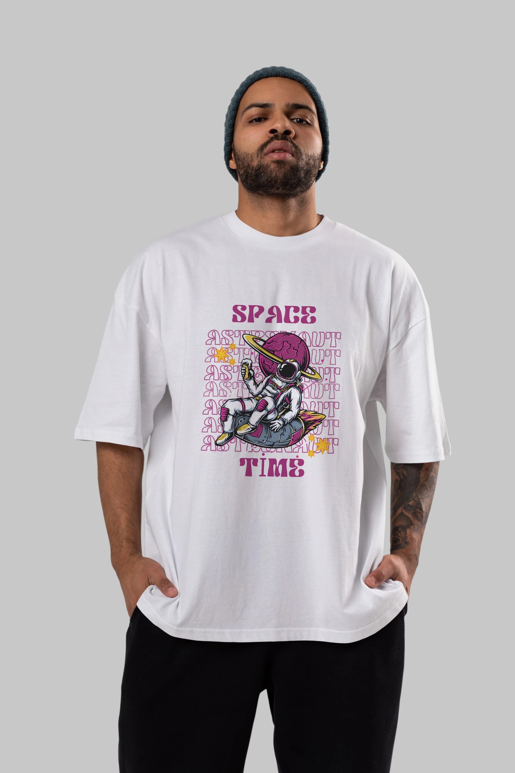 Space Time Astronaut Yazılı Ön Baskılı Oversize t-shirt Erkek Kadın Unisex